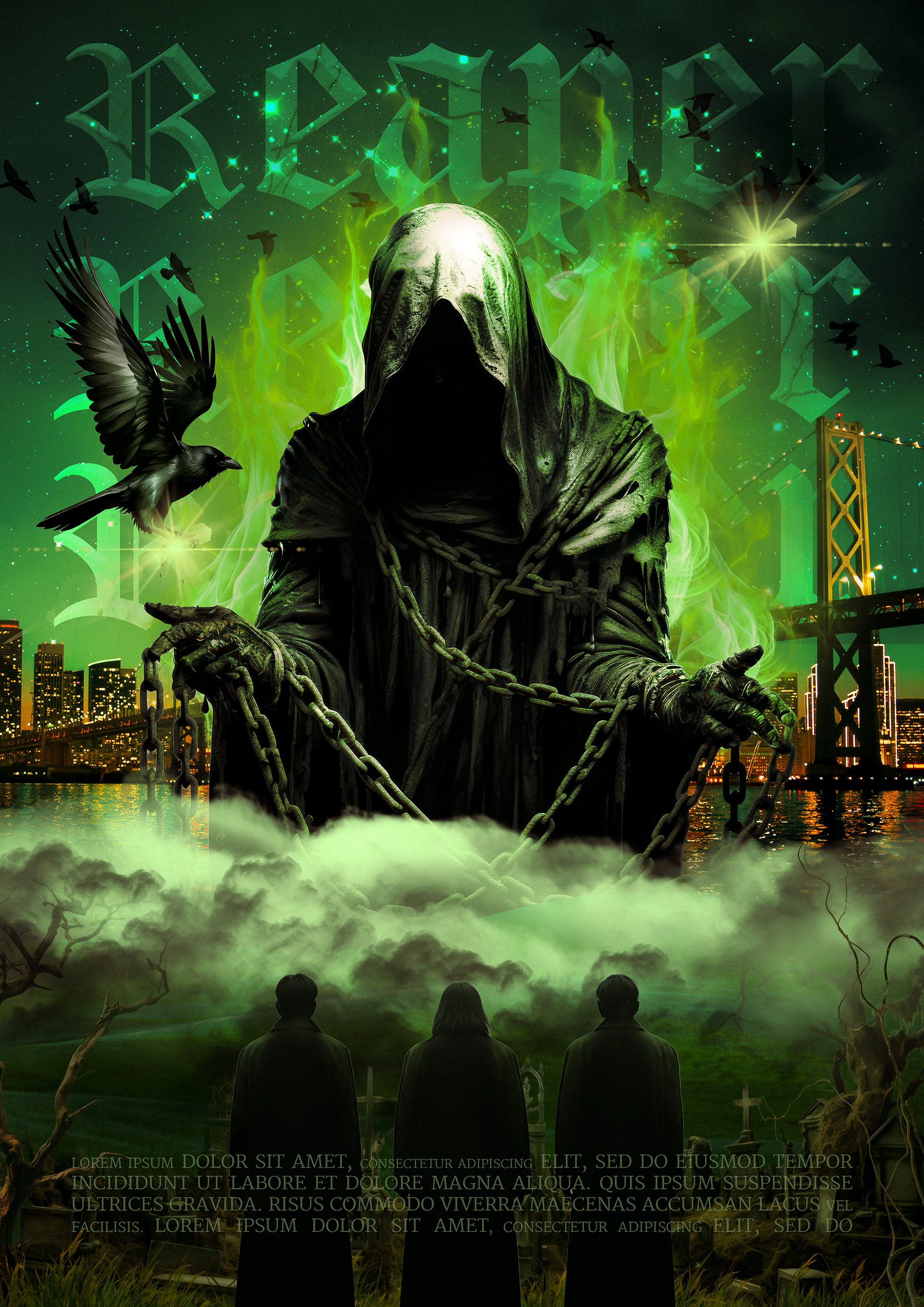 Horror movie poster for Reaper, featuring the looming figure of the Grim Reaper, shrouded in tattered robes, his skeletal face partially obscured by shadows, glowing with an unnatural, lucid green aura. His scythe gleams under eerie neon light, while ghostly wisps of energy swirl around him, hinting at the souls he has claimed. The background fades into darkness, with faint, twisted figures trapped in the void.