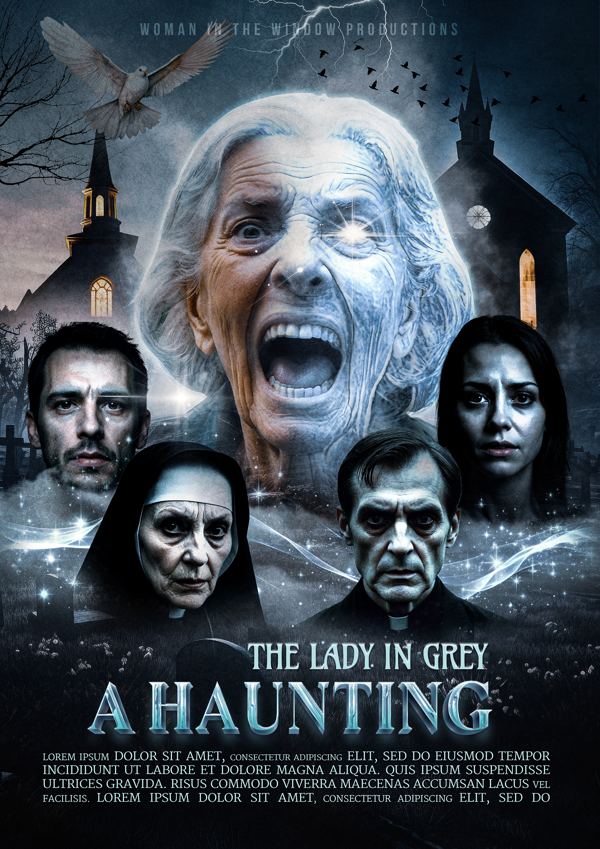 Horror movie poster for The Lady in Grey: A Haunting, featuring a ghostly, screaming elderly woman with glowing eyes, her face looming over a dark, eerie church. Below her, four solemn characters—a man, a nun, a priest, and a woman—stare intensely, surrounded by mist and supernatural energy. The gothic background is filled with shadowy trees, a graveyard, and a stormy sky, with lightning and birds adding to the chilling atmosphere. The icy blue and monochrome tones enhance the ghostly and haunted aesthetic.