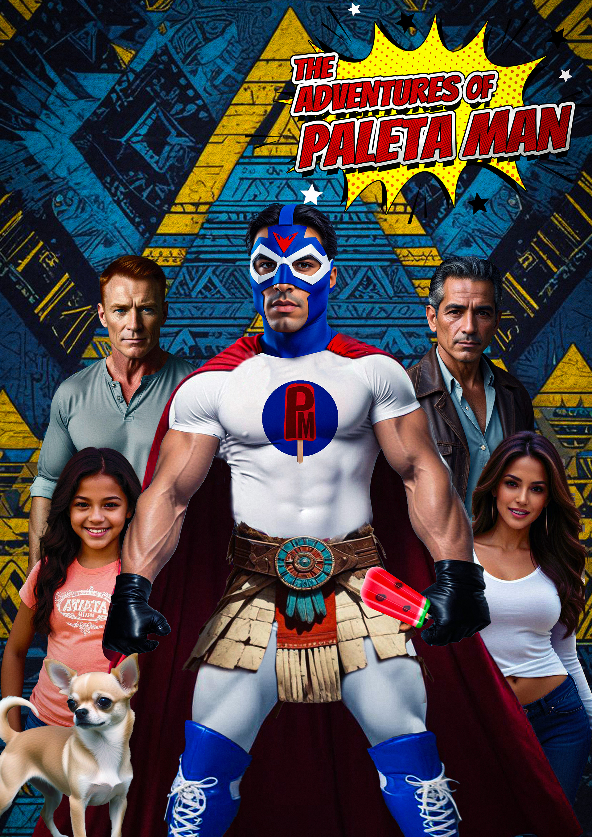 Colorful and action-packed key art for Paleta Man, a comedy superhero film featuring a charismatic street vendor turned hero, dressed in a vibrant cape and mask, holding oversized Mexican lollipops like weapons of justice. Behind him, a lively cityscape bursts with energy, as villains comically slip on melted paletas and kids cheer him on. The poster’s bright, candy-colored palette and playful dynamic pose capture the film’s lighthearted, fun, and over-the-top superhero action.