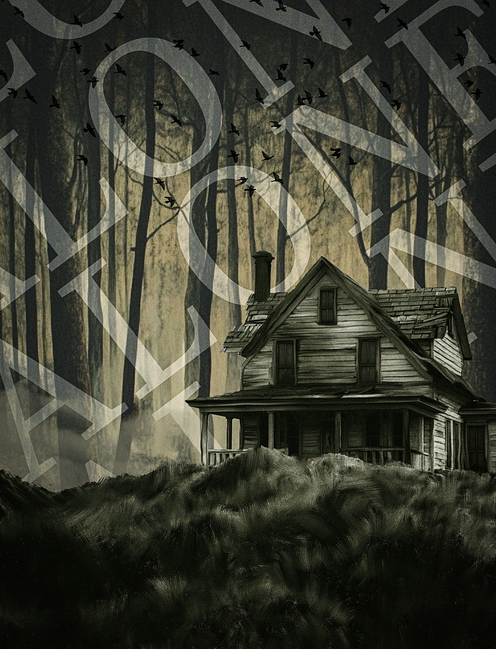 Horror movie poster for Alone, featuring a decaying haunted house perched atop a desolate hill, shrouded in thick fog, with a single dimly lit window glowing ominously, while twisted, leafless trees and distant shadowy figures create an eerie sense of isolation and dread.