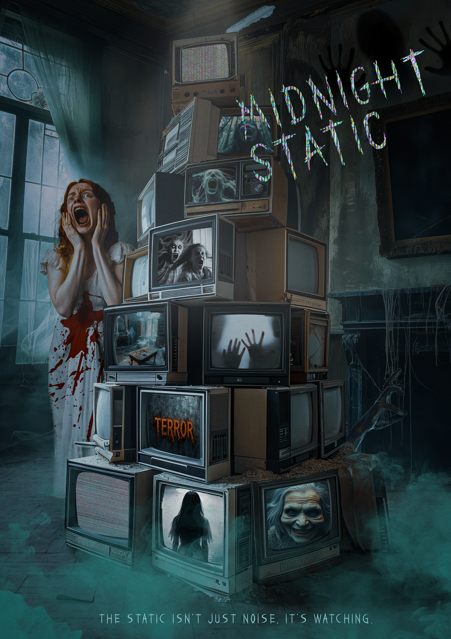 Horror movie poster for Midnight Static, featuring a towering stack of old TVs flickering with eerie static, their screens displaying disturbing horror imagery and ghostly figures, while a woman in the foreground screams in terror, bathed in the cold, unnatural glow of the screens.