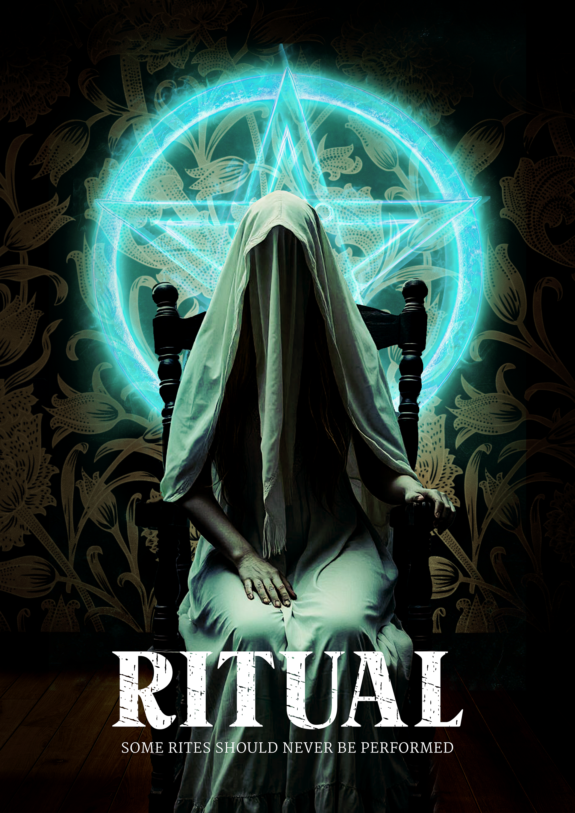 Horror movie poster featuring a sinister woman sitting motionless in an old wooden chair, her eyes hollow and lifeless, with a glowing satanic symbol drawn in blood behind her, flickering candlelight casting eerie shadows across the ritualistic scene.