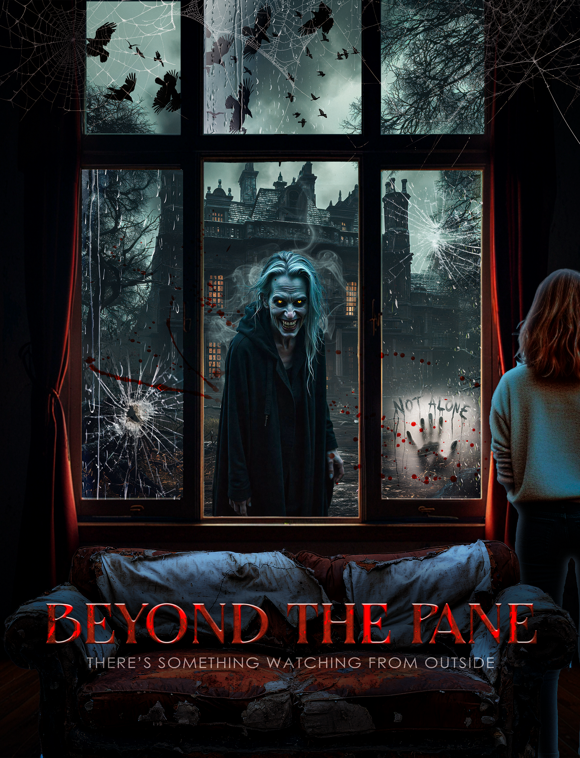 Horror movie poster for Beyond the Pane, featuring a first-person perspective of someone looking out a cracked window at a decayed, abandoned house, where a ghostly witch-like woman with hollow eyes and a twisted grin stares back from behind the fogged glass, her pale face barely visible through the darkness as the wind howls around her.
