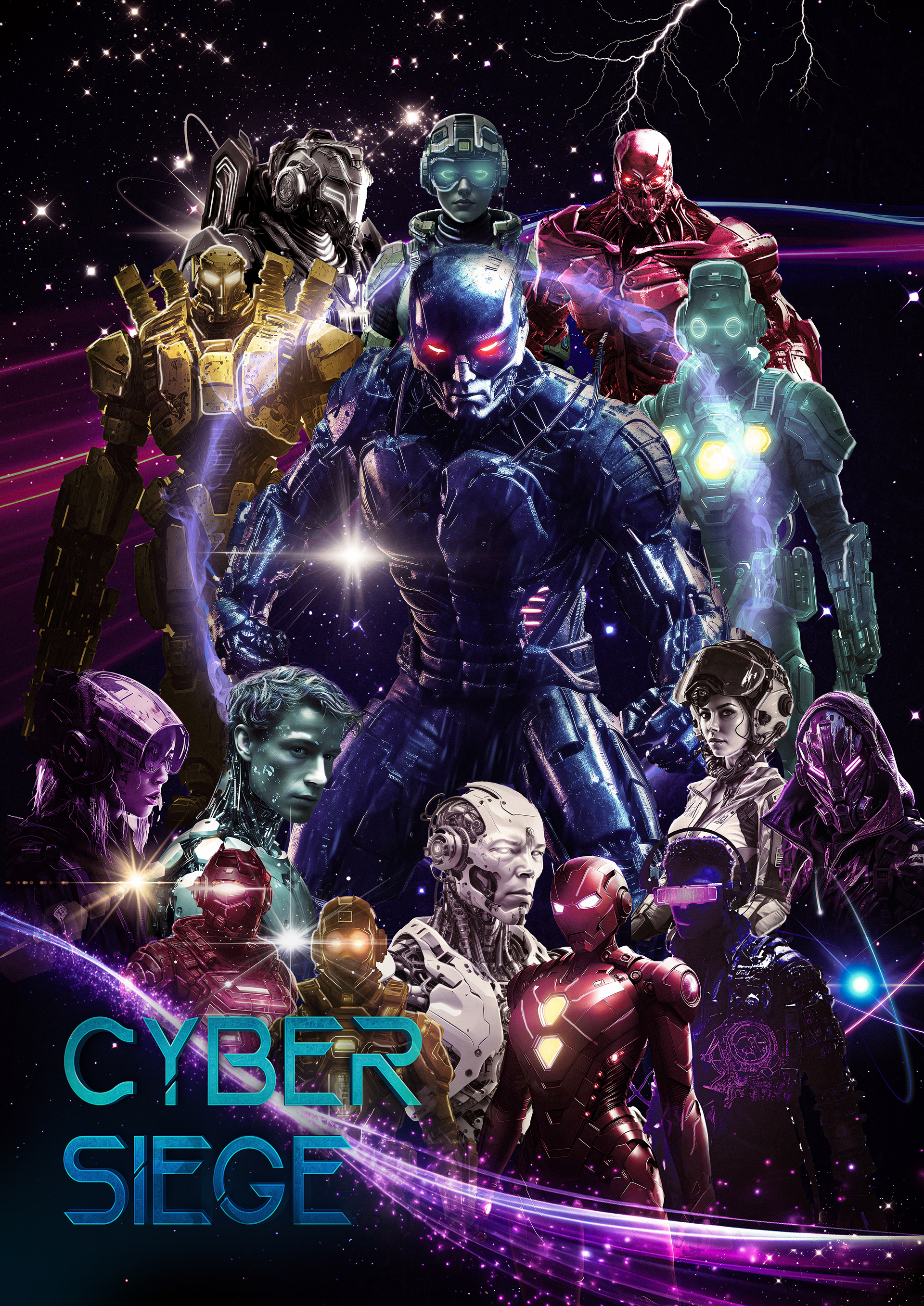 Key art for Cyber Siege, depicting a high-tech dystopian city under siege, where towering battle-worn robots clash in a high-energy fight, neon-lit skyscrapers glowing in the background. Sparks and debris fly as advanced AI war machines engage in explosive combat, their metallic bodies reflecting the chaos of the futuristic battlefield, blending sleek sci-fi aesthetics with blockbuster action intensity.