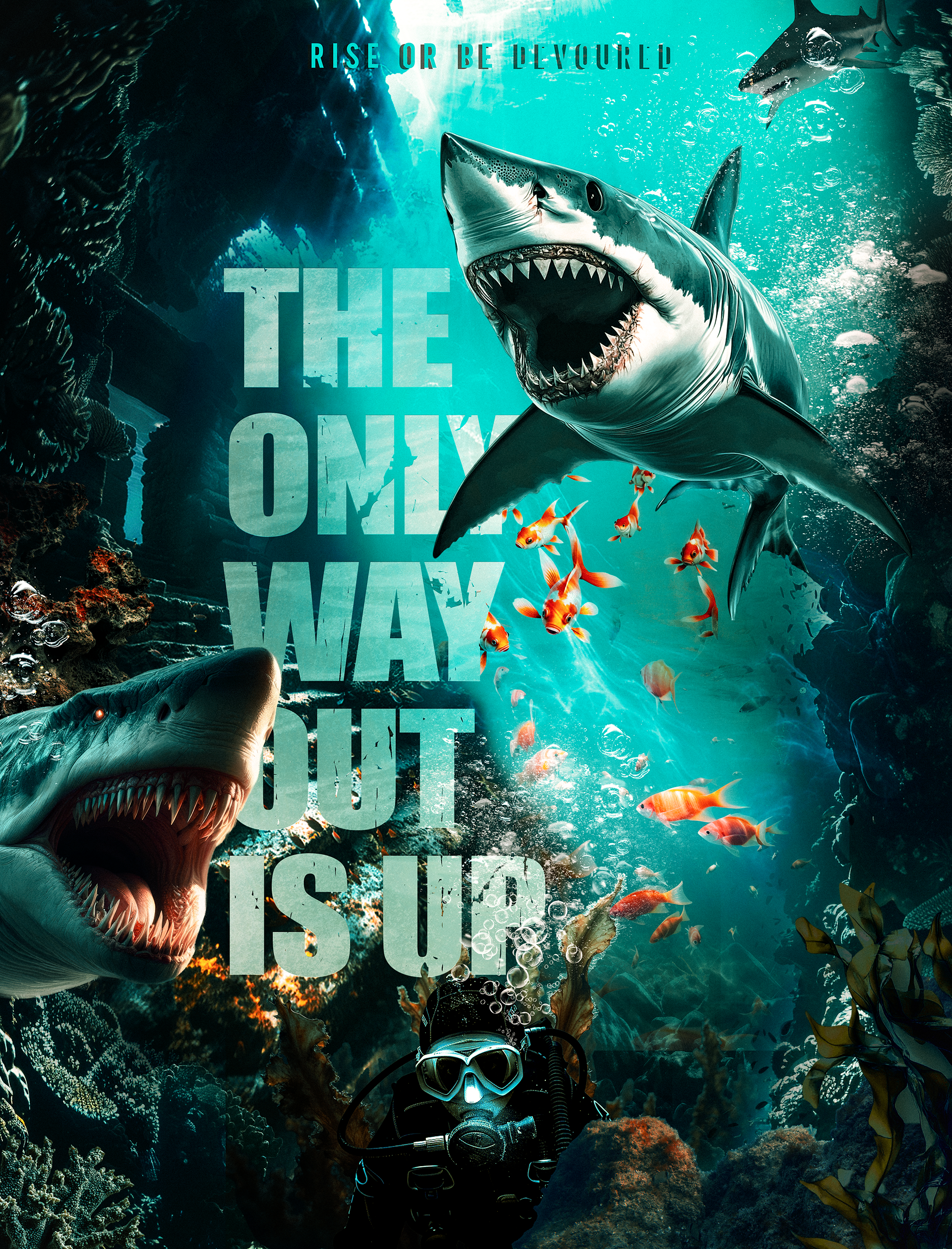 Horror movie poster design for a shark thriller film, featuring a menacing shark emerging from dark waters with eerie cinematic lighting and suspenseful typography.