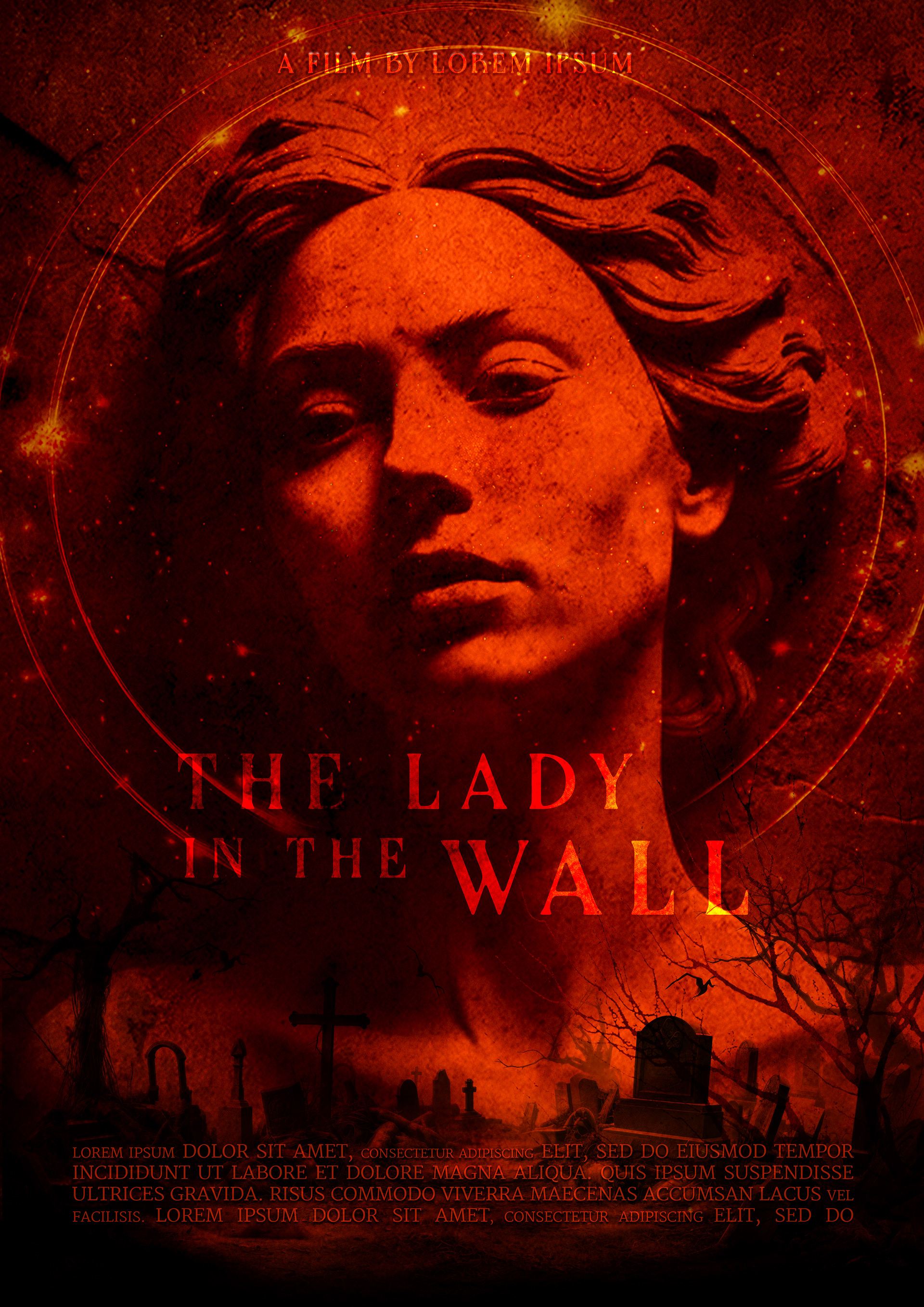 Horror movie poster for The Lady in the Wall, featuring a haunting stone-carved face embedded within a cracked, weathered wall, illuminated by an eerie red glow. Surrounding the figure, ominous symbols and swirling embers add a supernatural presence, while below, a desolate graveyard with twisted trees and leaning tombstones fades into the darkness. The gothic, blood-red aesthetic enhances the film’s unsettling and mysterious tone.