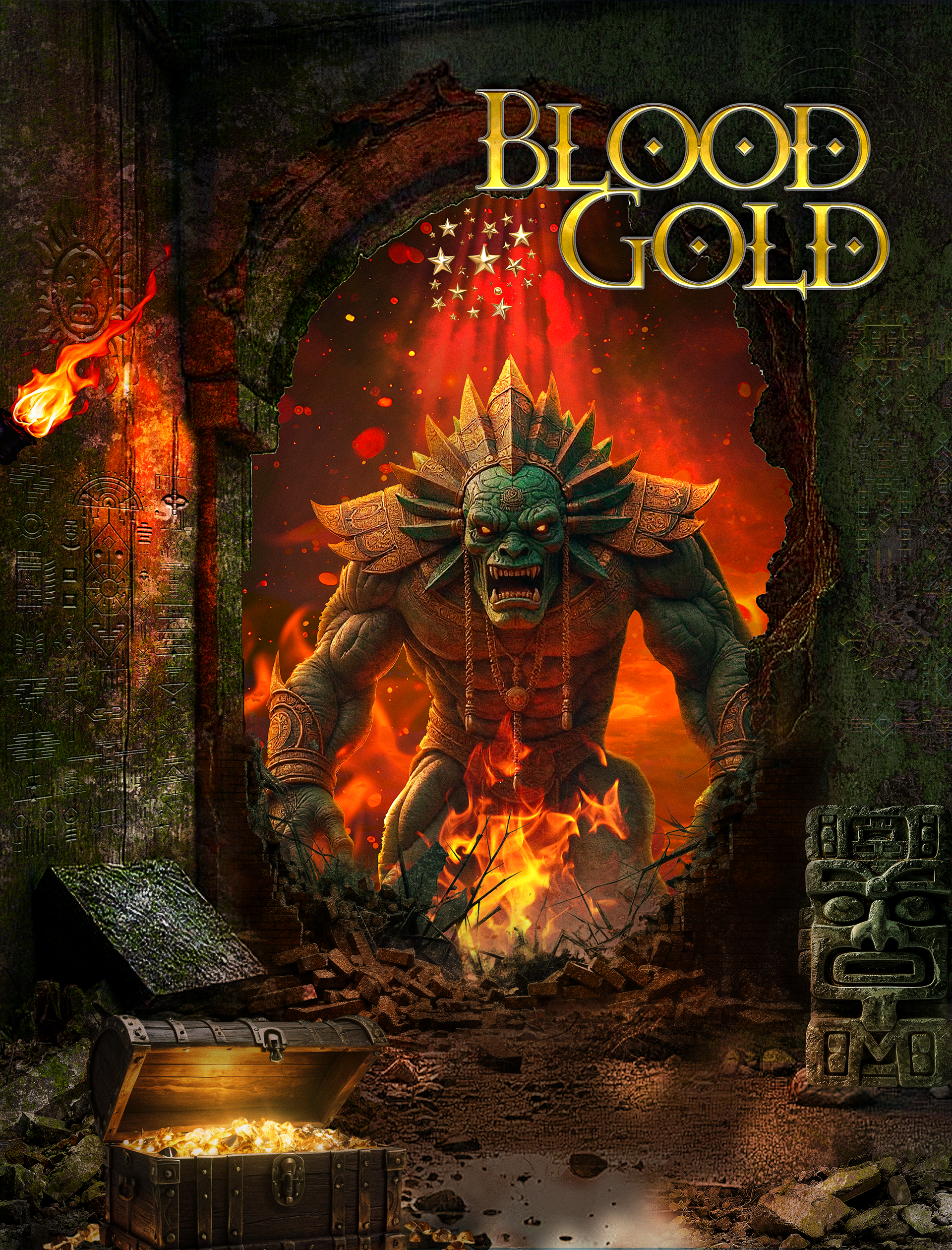 Horror-fantasy movie poster featuring an ancient Aztec landscape with towering pyramids, dense jungle, and a colossal Aztec monster with glowing eyes and sharp claws, protecting sacred gold while hunting down those who dare to steal it