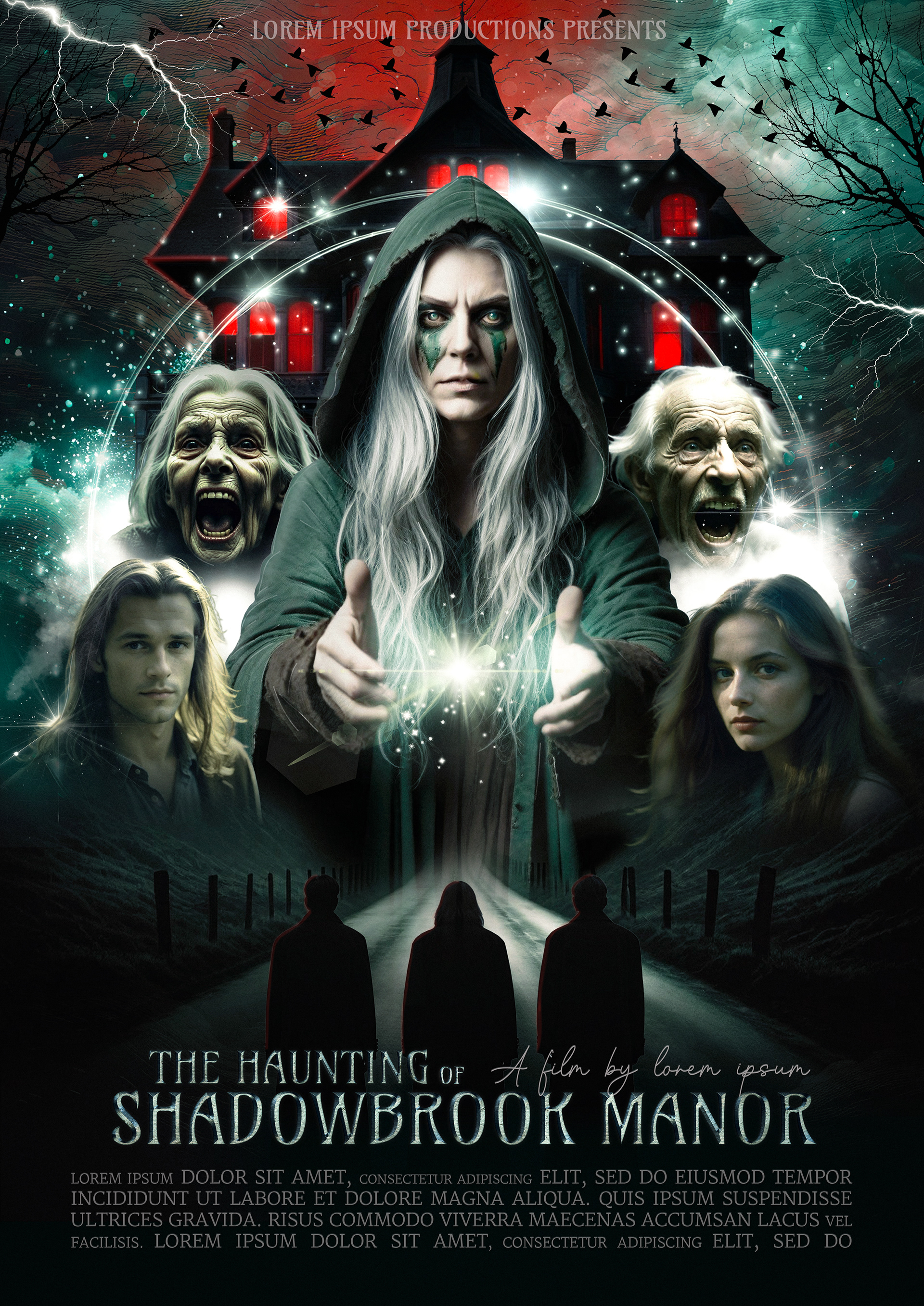 Horror movie poster for Shadowbrook Manor, designed in a dramatic pyramid composition, with a sinister witch at the center, her piercing eyes glowing beneath a tattered hood, hands outstretched as dark energy swirls around her. Behind her looms the decayed, gothic manor, its windows flickering with an ominous glow. Surrounding the witch are shadowed figures—tormented souls, desperate survivors, and mysterious characters, each caught in the eerie grip of the cursed estate. The stormy sky crackles with green lightning, illuminating the nightmare that awaits inside.