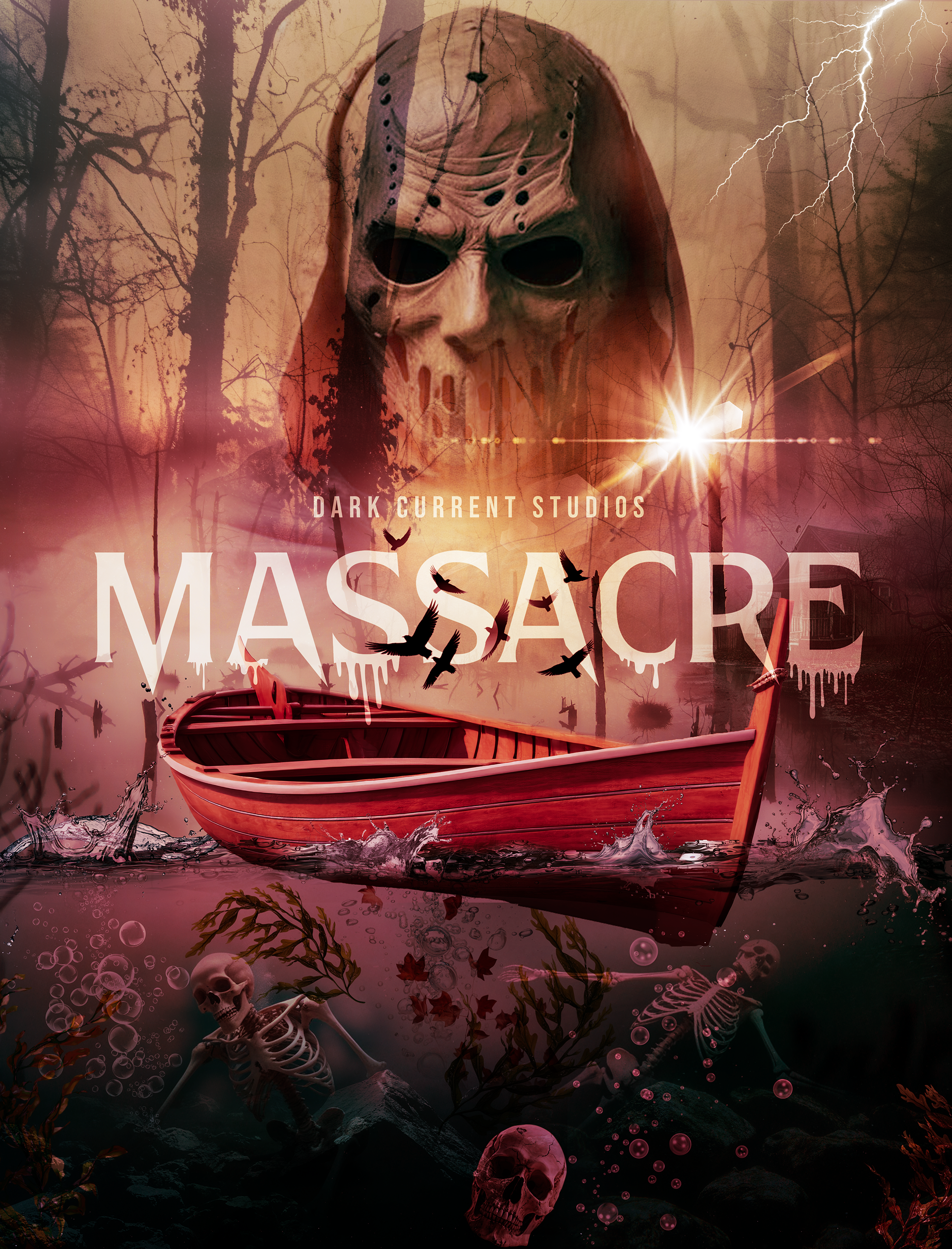 Horror movie poster featuring a masked serial killer standing at the edge of a dark, fog-covered lake, blood-stained weapons in hand, with abandoned boats and lifeless bodies floating in the water, creating a chilling and brutal massacre scene.
