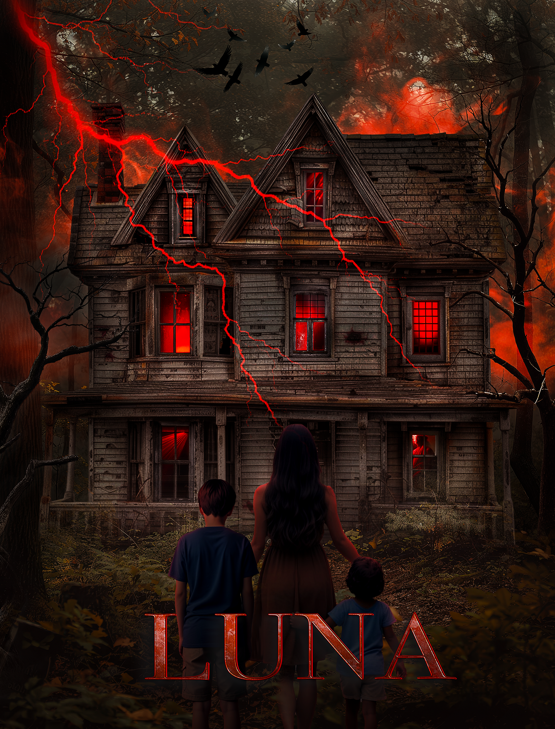 Horror movie poster for Luna, featuring a haunted house bathed in eerie red lighting, with ghostly shadows creeping along the walls, a dark, ominous sky overhead, and a chilling supernatural presence lurking in the background.