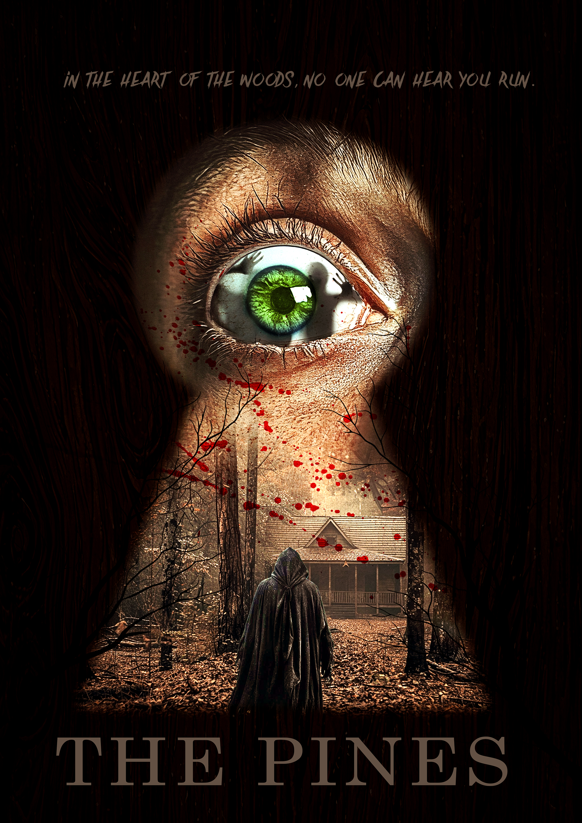Horror movie poster featuring a chilling perspective of a keyhole view into a dark, twisted forest, where a decaying house stands in the distance, its windows faintly glowing, while a shadowy serial killer lurks among the trees, his silhouette barely visible in the eerie mist.