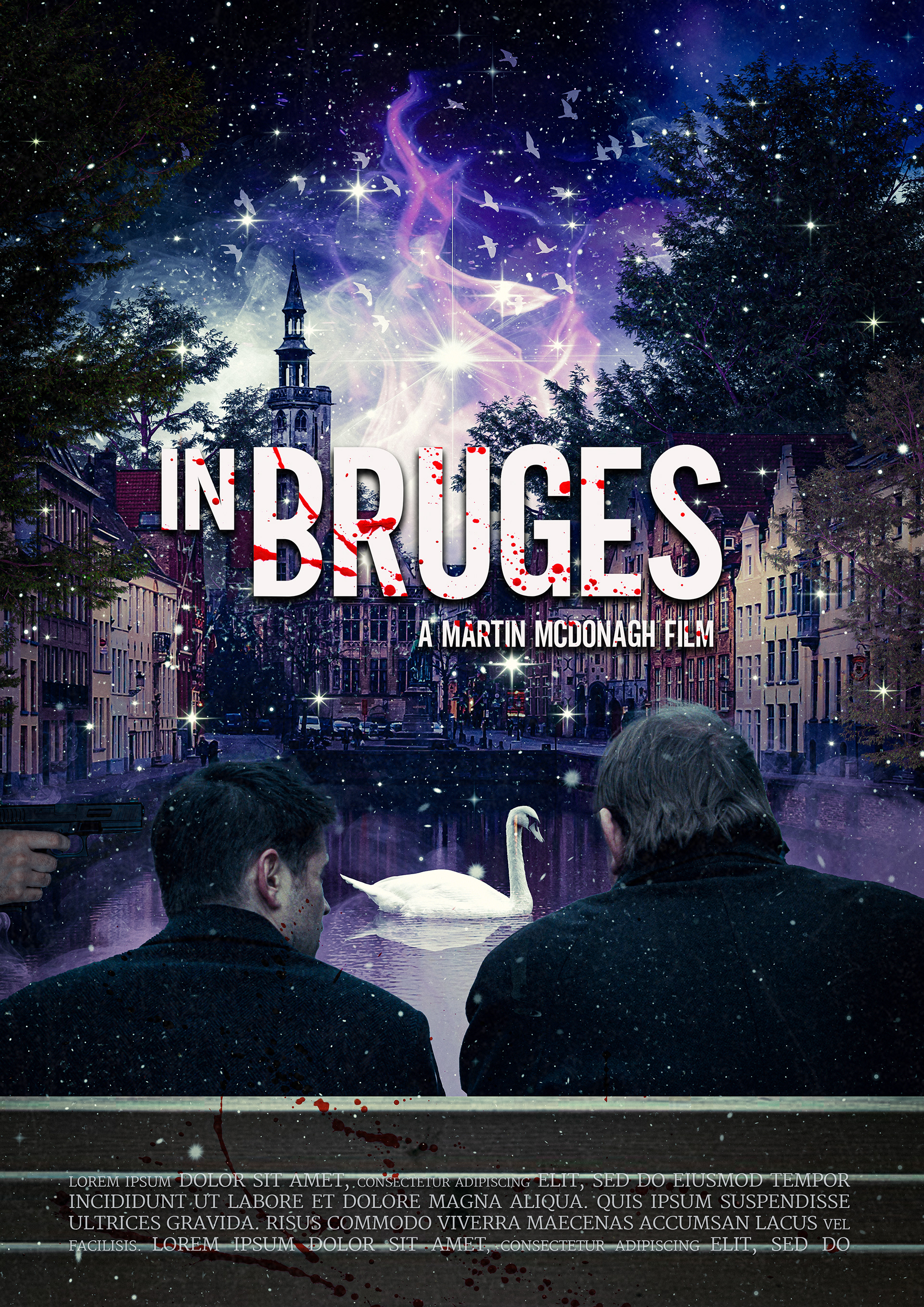 Alternative movie poster for In Bruges, featuring two men sitting on a wooden bench, gazing at the tranquil canal where a lone white swan drifts through the water. The historic Bruges skyline rises in the background, illuminated under a surreal, cosmic sky filled with swirling purple mist, glowing stars, and birds in flight. A gun is ominously aimed at one of the men from the shadows, adding an element of suspense and danger. The bold white title, splattered with blood, reinforces the film’s blend of dark comedy, crime, and tragedy.