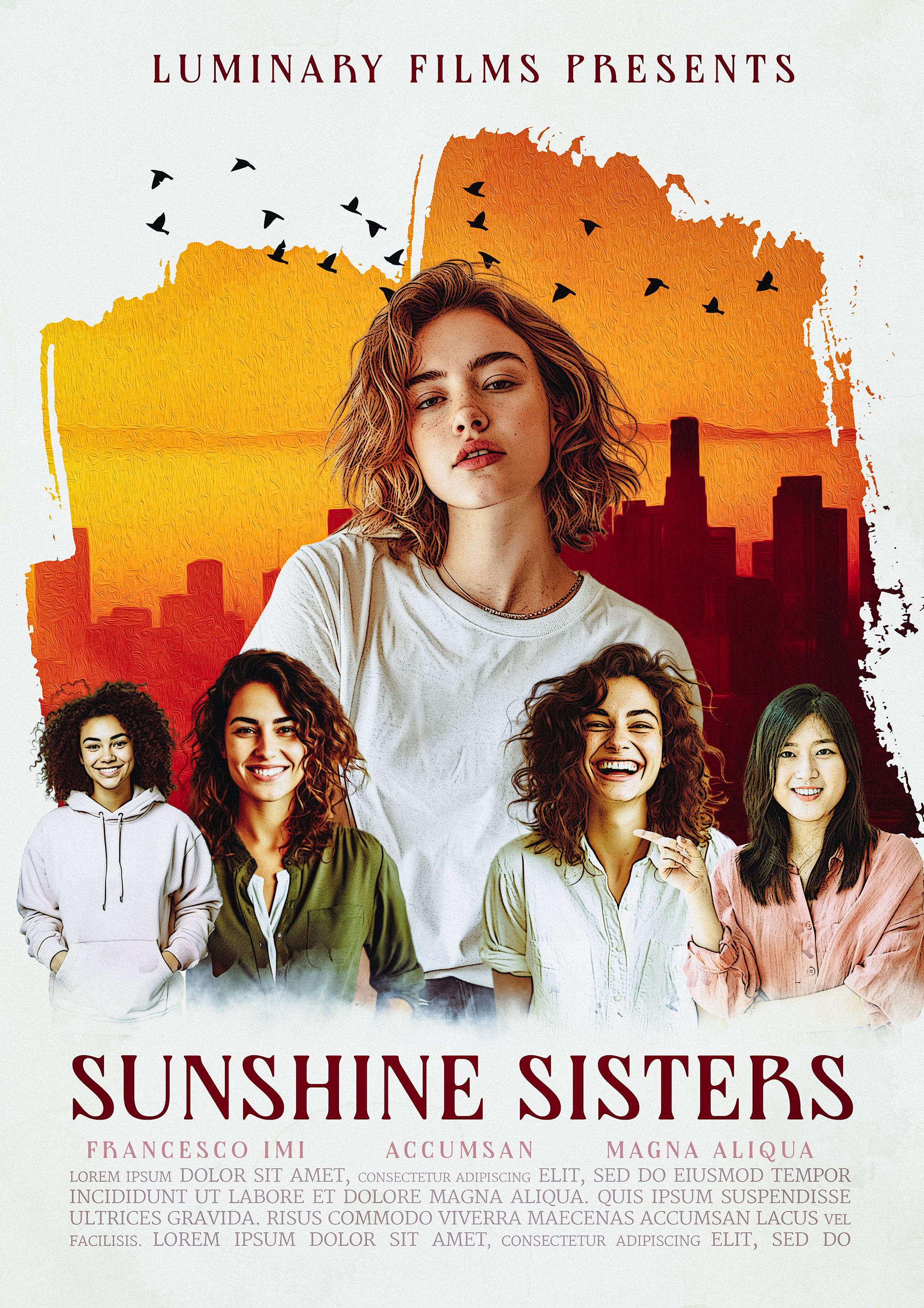 Movie poster for Sunshine Sisters, featuring a group of five young women standing together against a warm, painted sunset backdrop with a stylized city skyline in deep red tones. The central figure, a confident woman with wavy hair in a white t-shirt, gazes directly ahead, while the others radiate joy and friendship with bright smiles and relaxed postures. Birds in flight add a sense of freedom and adventure, reinforcing the film’s uplifting and heartfelt tone.