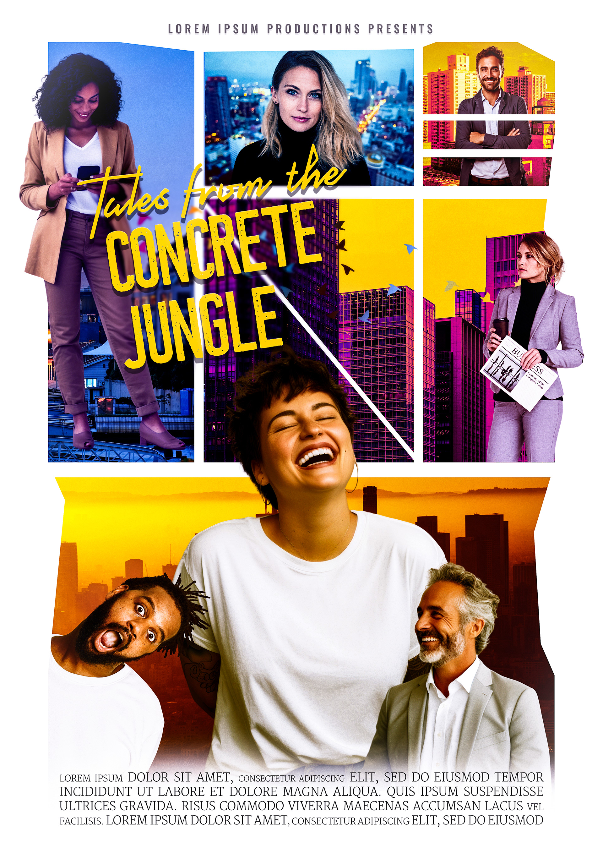 Movie poster for Tales from the Concrete Jungle, featuring a vibrant collage of urban life with diverse characters set against bold yellow and magenta cityscapes. A woman in the foreground laughs joyfully, while other characters—including business professionals, a confident entrepreneur, and a stylish city dweller—are framed within dynamic panels, capturing the energy and diversity of city life. The modern typography and sharp design elements reflect a contemporary, fast-paced storytelling style.