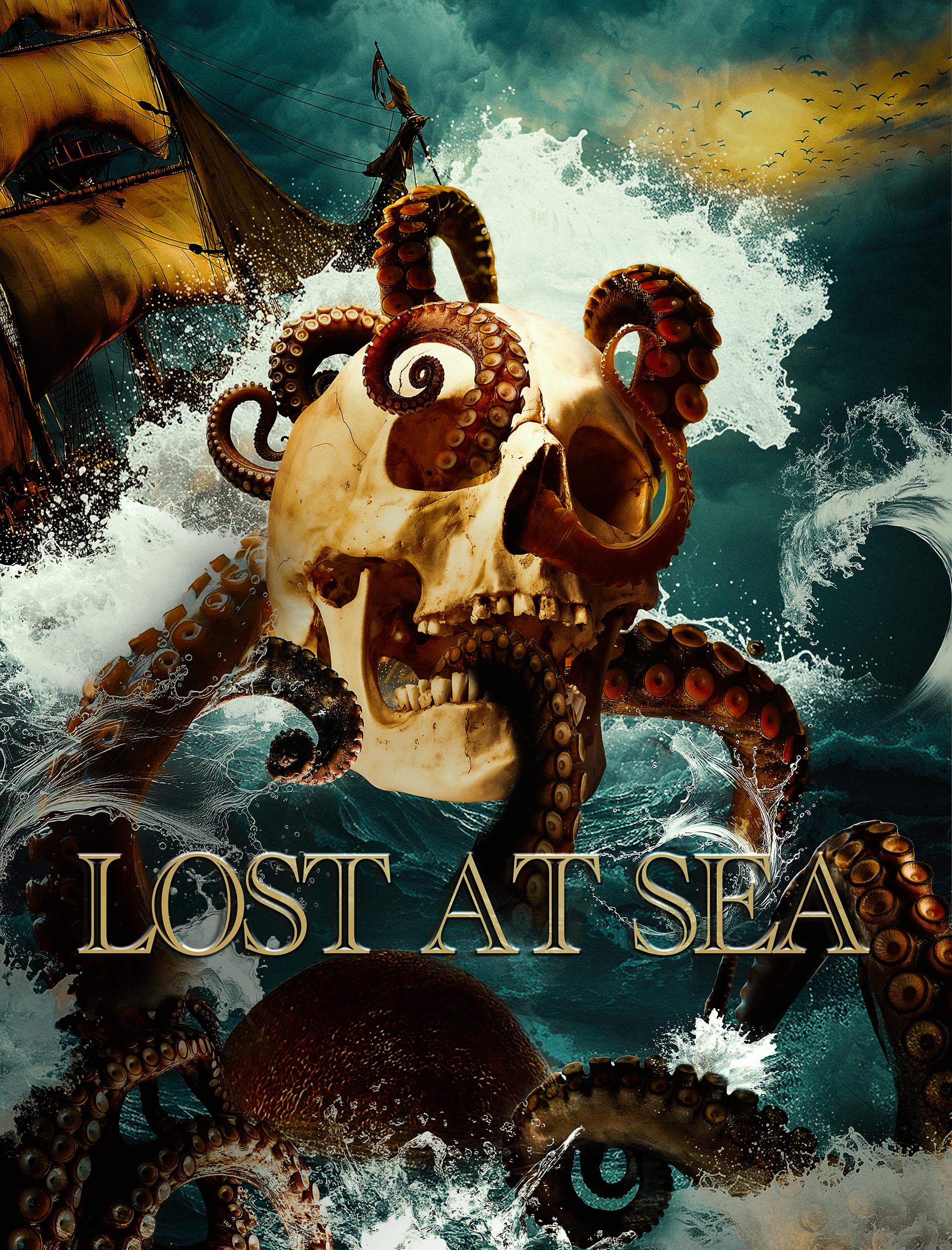 Key art featuring a massive, menacing octopus rising from the dark ocean, its giant tentacles wrapping around a battered pirate ship, with skulls floating in the water and a stormy sky casting an ominous glow over the chaotic sea battle.