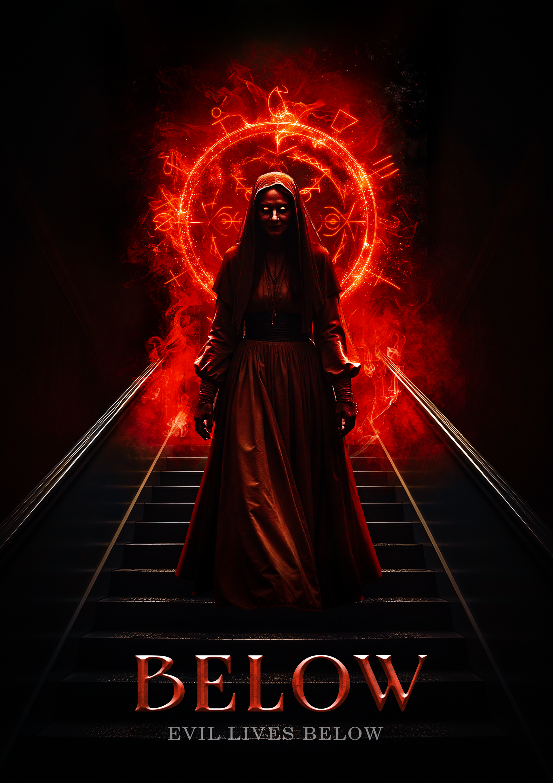 Horror movie poster featuring a ghostly woman lurking in the dark basement of a haunted house, her pale, hollow eyes glowing faintly as she watches from the shadows, with eerie lighting casting long, unsettling silhouettes up the staircase.