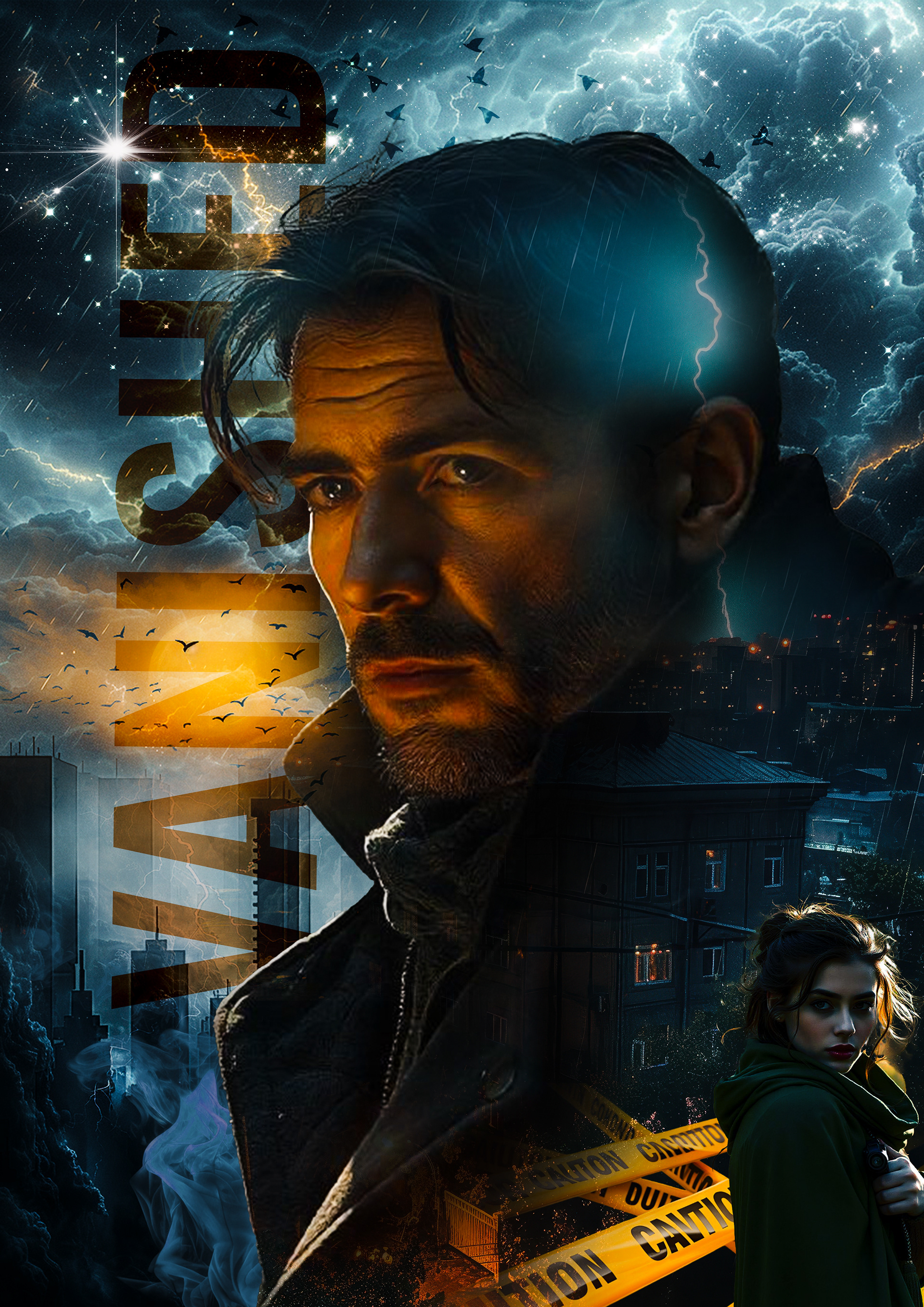 Murder mystery movie poster featuring a dimly lit crime scene with a blood-stained clue, a shadowy detective in a trench coat, and ominous silhouettes of potential suspects lurking in the background, creating an atmosphere of suspense and intrigue.