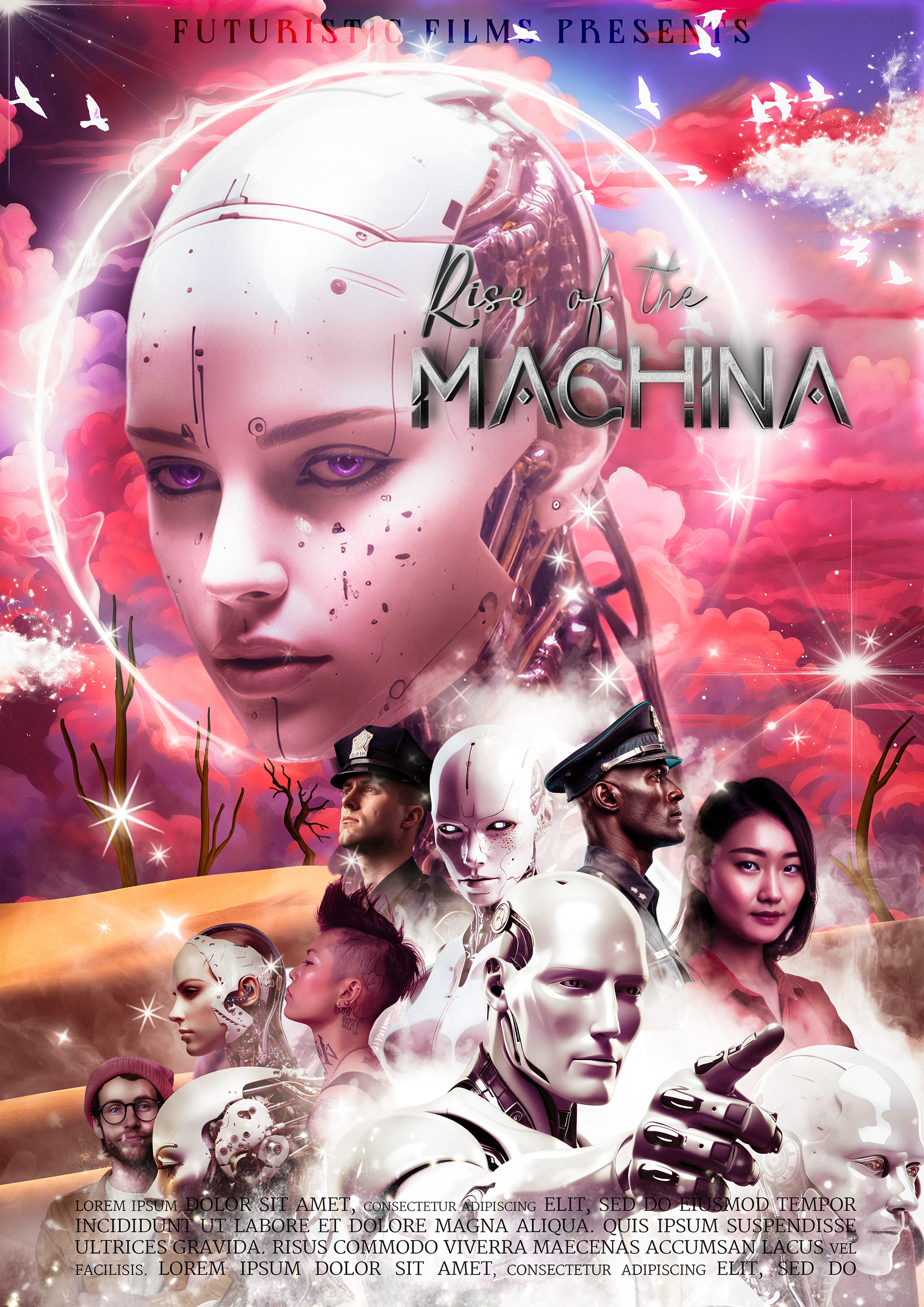 Sci-fi movie poster for Rise of the Machina, featuring a futuristic humanoid AI with a sleek metallic face and glowing purple eyes, surrounded by a vibrant pink and purple sky filled with digital energy. Below, a group of humans and androids stand together, including police officers, scientists, and cyber-enhanced beings, hinting at a battle between humanity and artificial intelligence. The glowing atmosphere and ethereal light effects create a visually striking futuristic aesthetic.