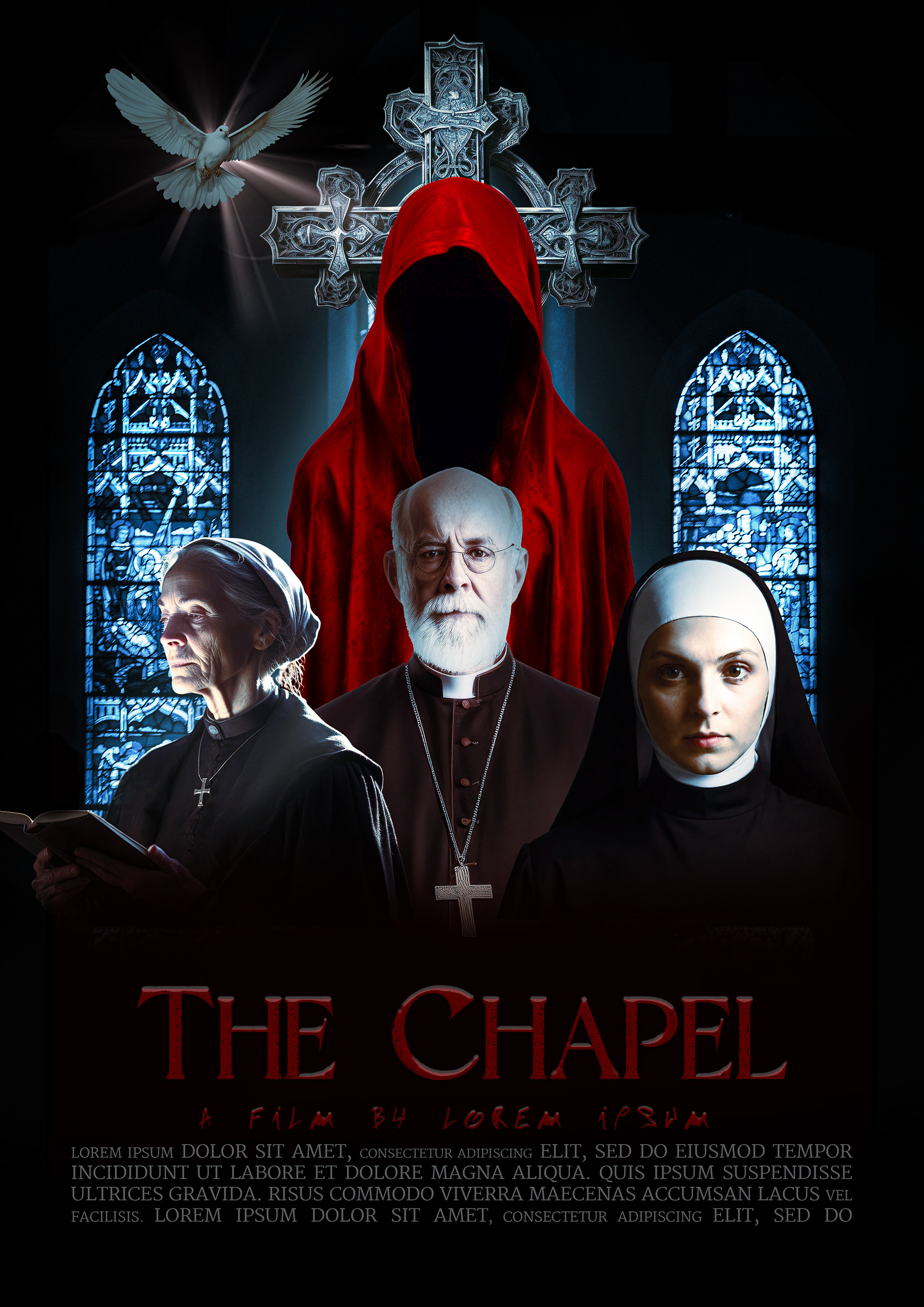 Horror movie poster for The Chapel, featuring a shadowy, hooded figure in a blood-red cloak standing ominously against the backdrop of an eerie, dimly lit church with intricate stained-glass windows. Below, a solemn priest, a devout nun, and an elderly woman clutching a book stand in the foreground, their faces illuminated by cold blue light. A glowing white dove hovers above, contrasting with the dark gothic imagery. The bold red typography reinforces the film’s ominous and supernatural tone.