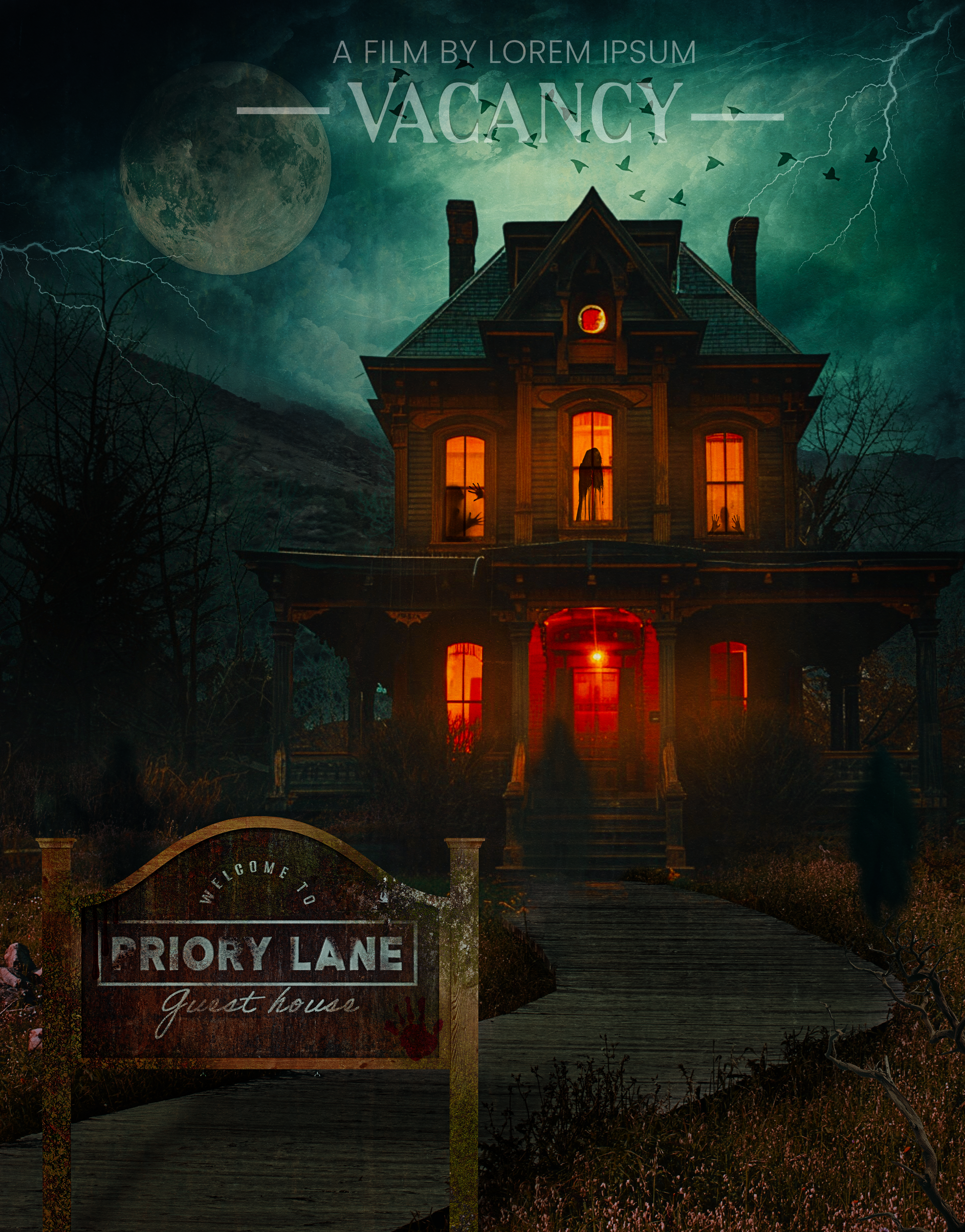 Horror movie poster featuring a haunted house on Priory Lane, shrouded in eerie fog, with shadowy ghosts and decayed dead figures lurking in the background, illuminated by a cold, ghostly moonlight