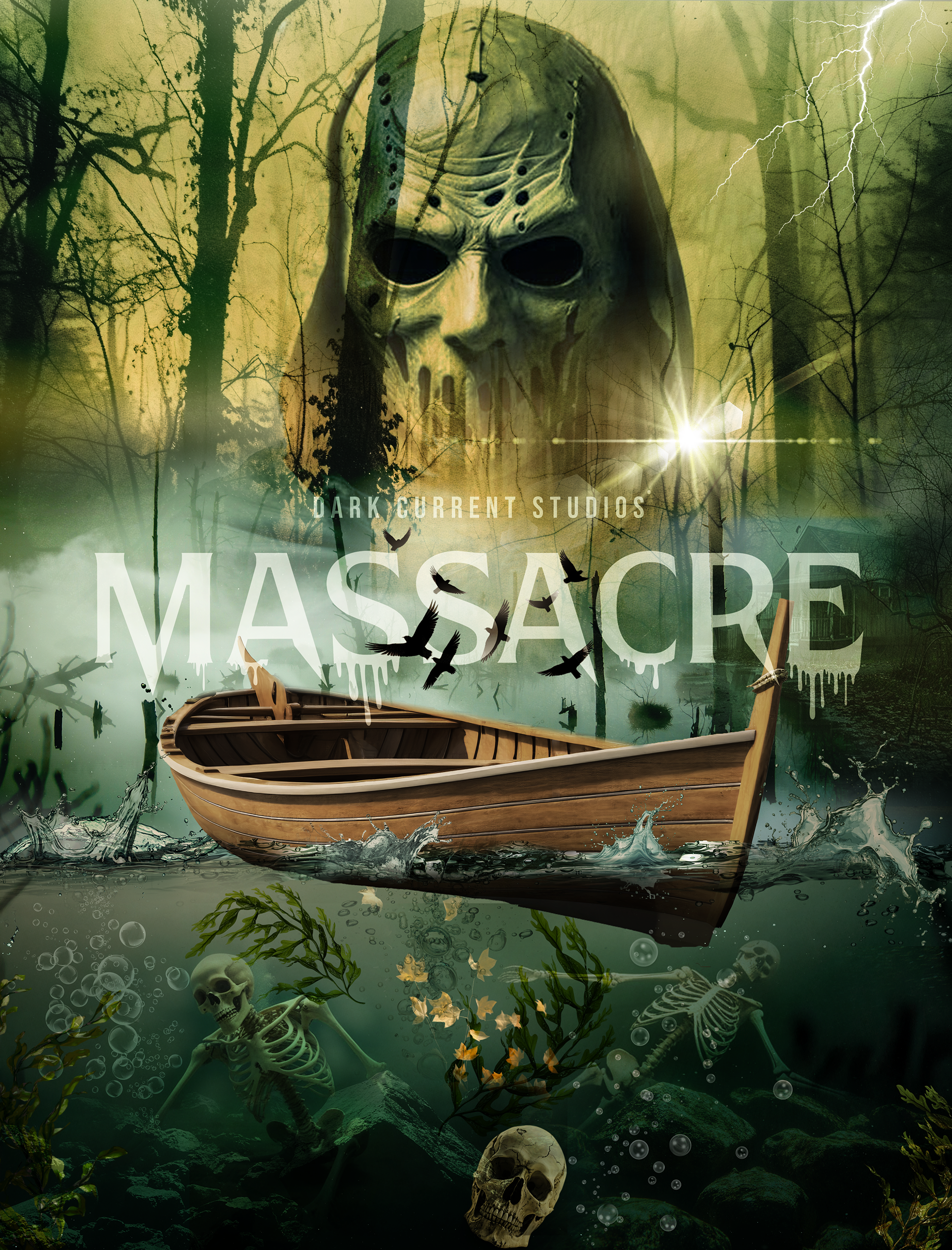 Horror movie poster featuring a masked serial killer standing at the edge of a fog-covered lake, gripping a blood-soaked weapon, as bodies float in the dark water. Moonlight casts eerie reflections on the surface, while an abandoned boat drifts nearby, hinting at the brutal massacre that has taken place. The dense forest looms in the background, its shadows concealing the true horror that lurks