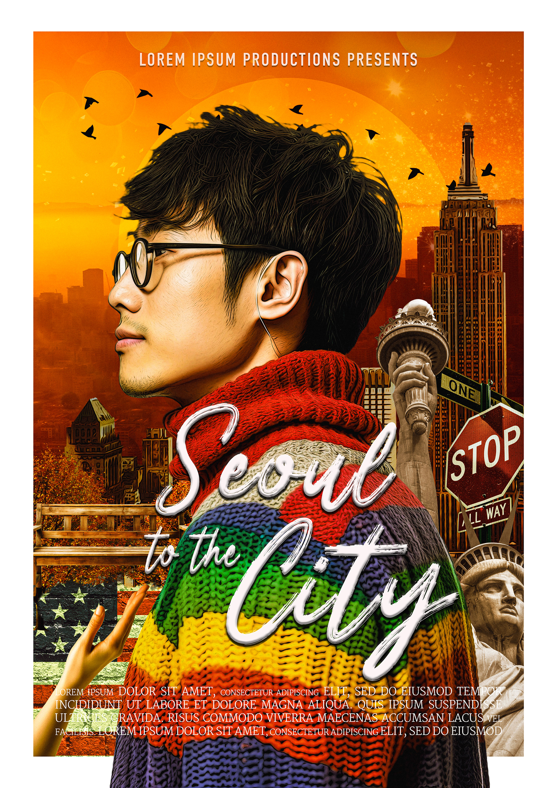 Key art for a romantic drama featuring a young man adjusting to life after moving from Seoul to London, standing on a bustling city street as red double-decker buses pass behind him, while memories of his past life in Korea blend softly into the background, creating a heartfelt contrast between two worlds.