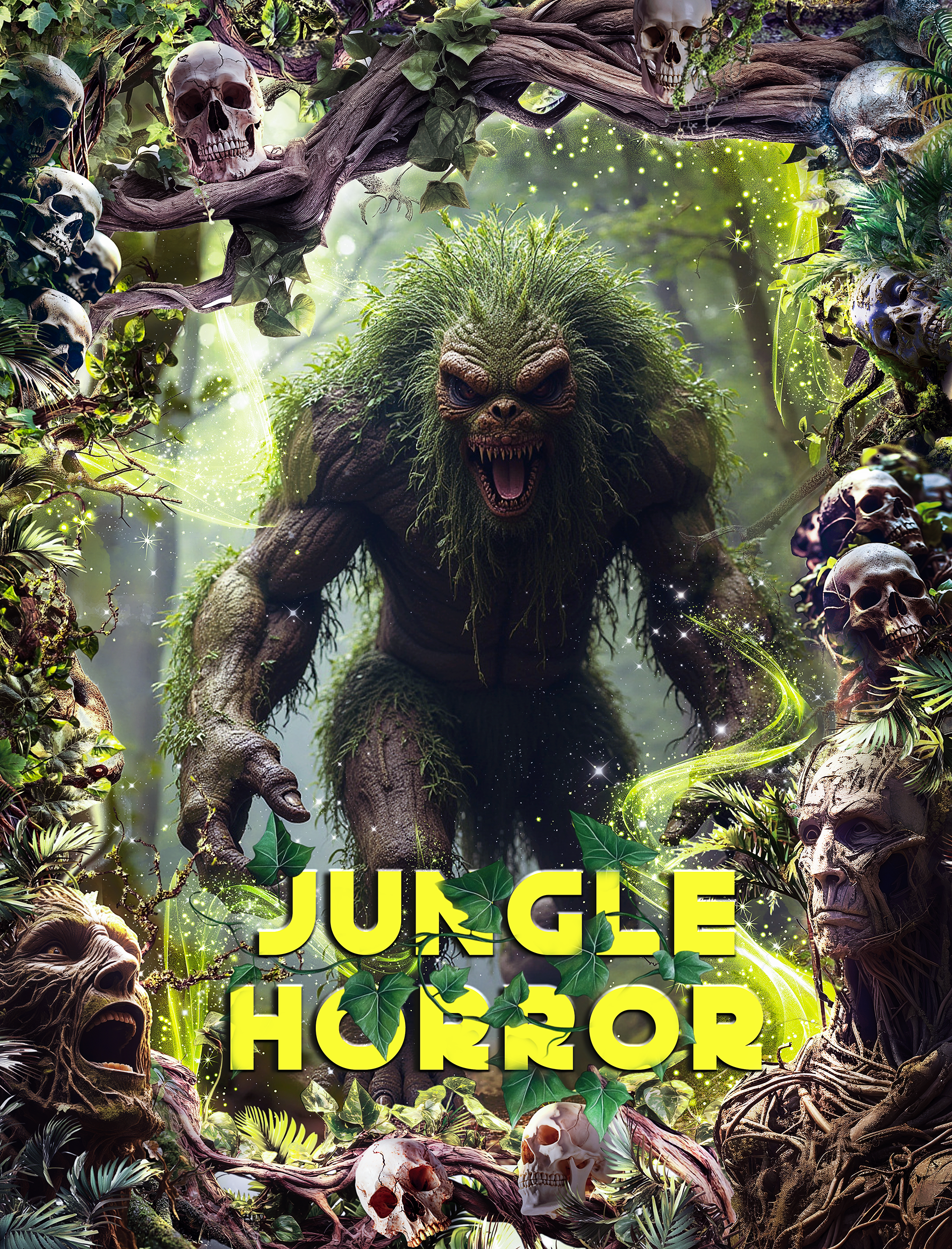 Horror movie poster featuring a monstrous figure looming in the center, surrounded by a twisted border of gnarled tree branches, human skulls, and eerie faces that seamlessly merge with the trees, their hollow eyes watching from the shadows, creating a haunting and nightmarish atmosphere.