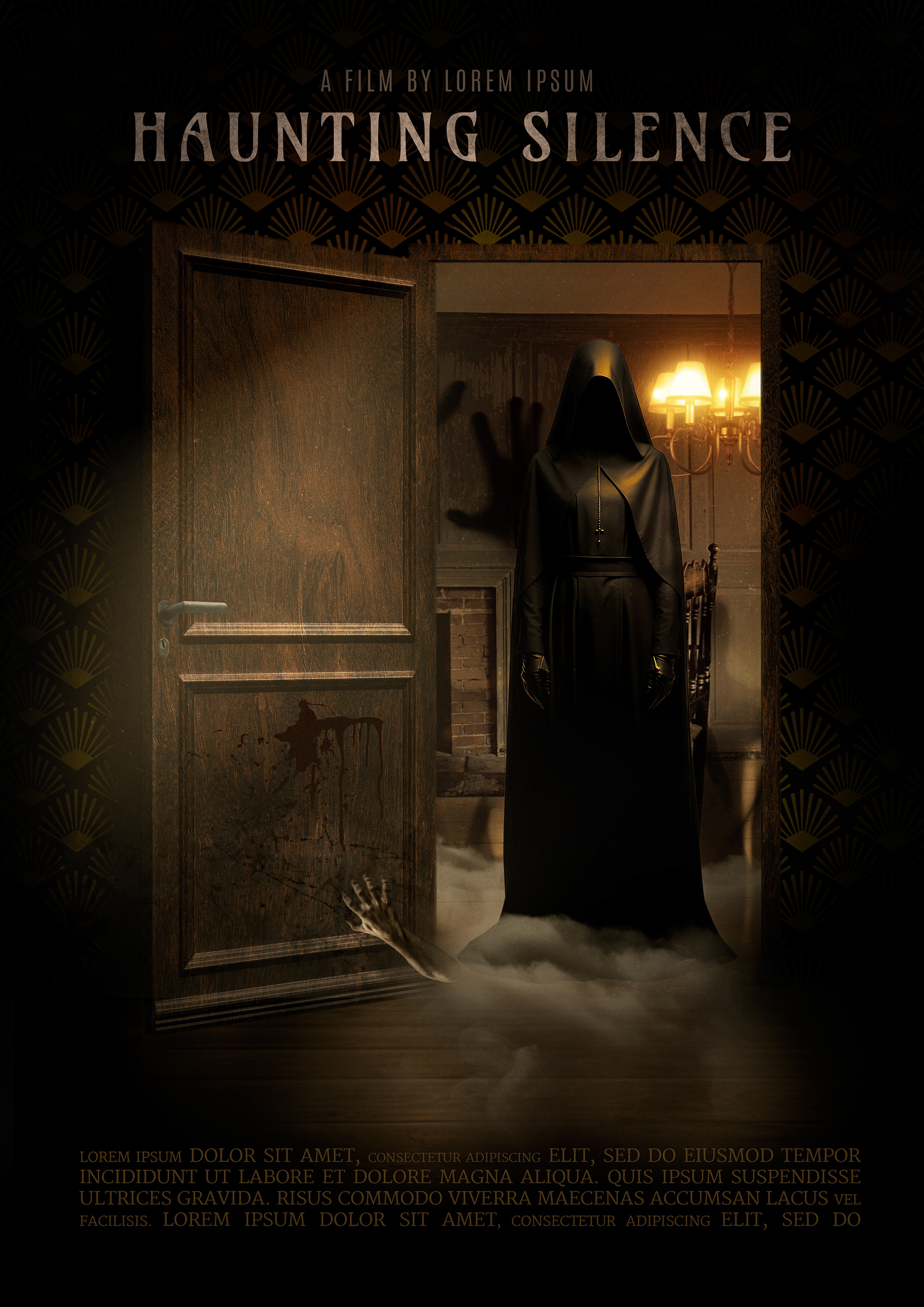 Horror movie poster featuring a ghostly nun standing ominously in the doorway of a dimly lit room, her hollow eyes and shadowed face barely visible beneath her tattered veil, as eerie candlelight flickers, casting long, unsettling shadows across the decaying walls.