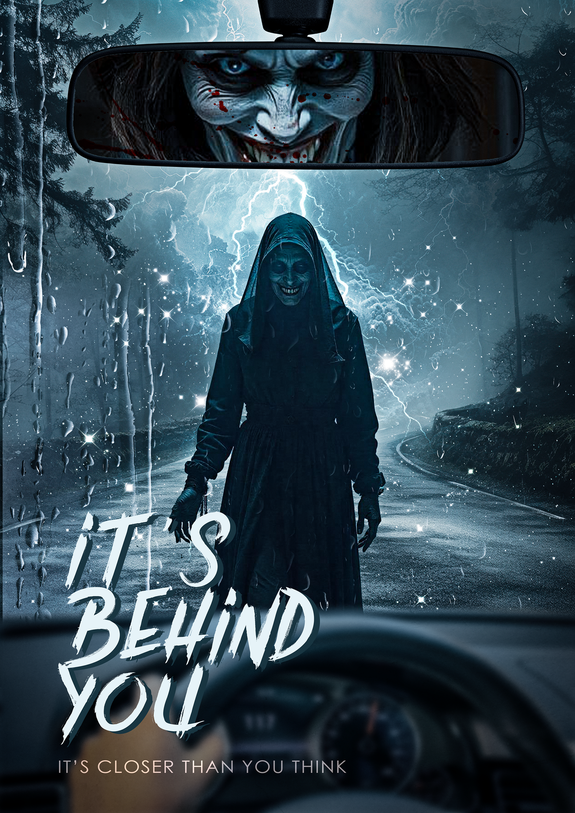 Horror movie poster featuring a stranded couple standing beside their broken-down car on a desolate road at night, surrounded by eerie, ghostly spirits emerging from the fog, with dim headlights casting ominous shadows and a feeling of inescapable dread.