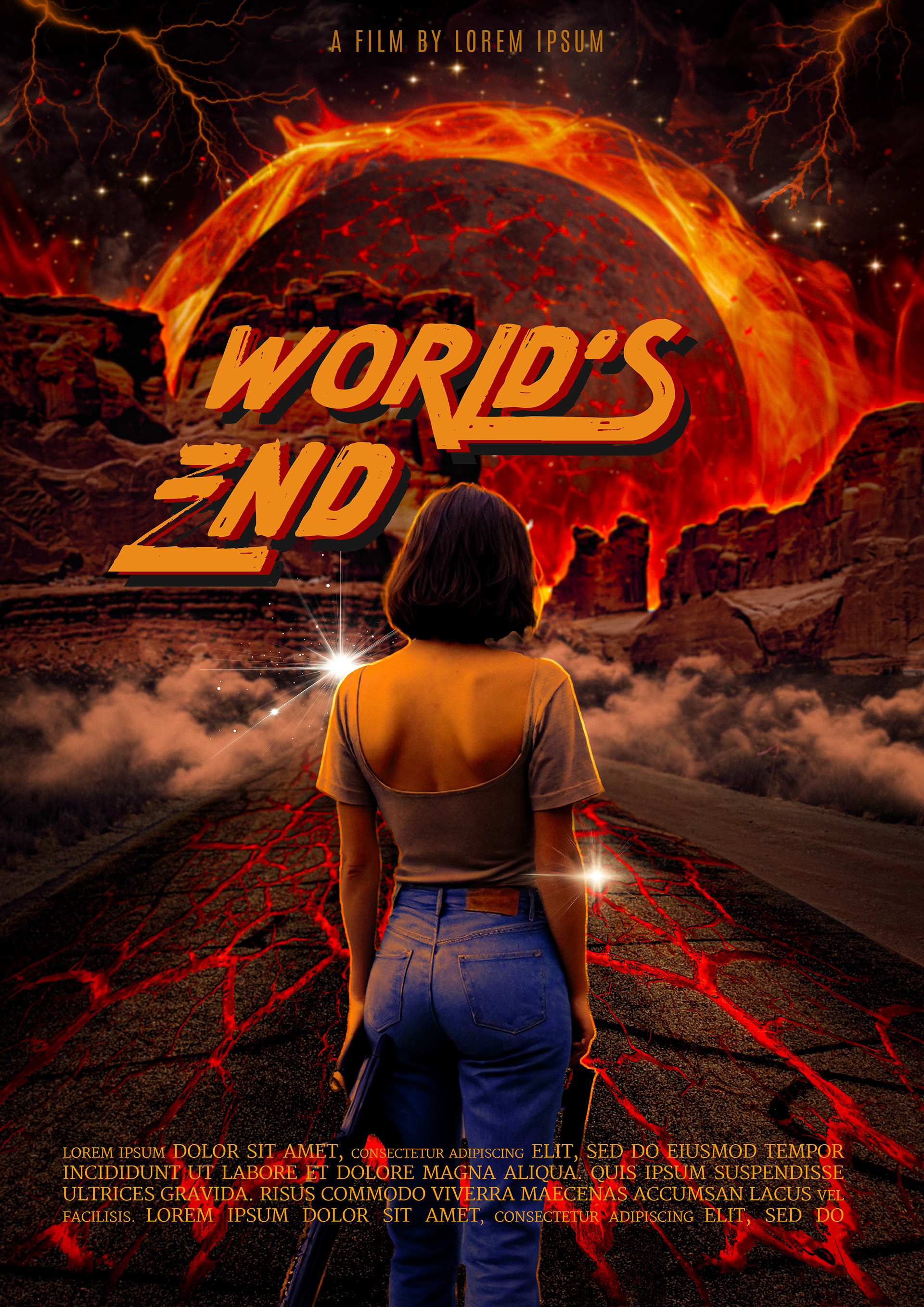 Apocalyptic movie poster for World’s End, featuring a lone woman standing on a cracked, lava-filled road, gazing at a massive, fiery planet descending upon the Earth. The sky glows with deep oranges and reds as lightning bolts streak across the darkness, while smoke rises from the desolate canyon landscape. The bold, retro-styled typography adds a striking contrast to the intense, end-of-the-world atmosphere.