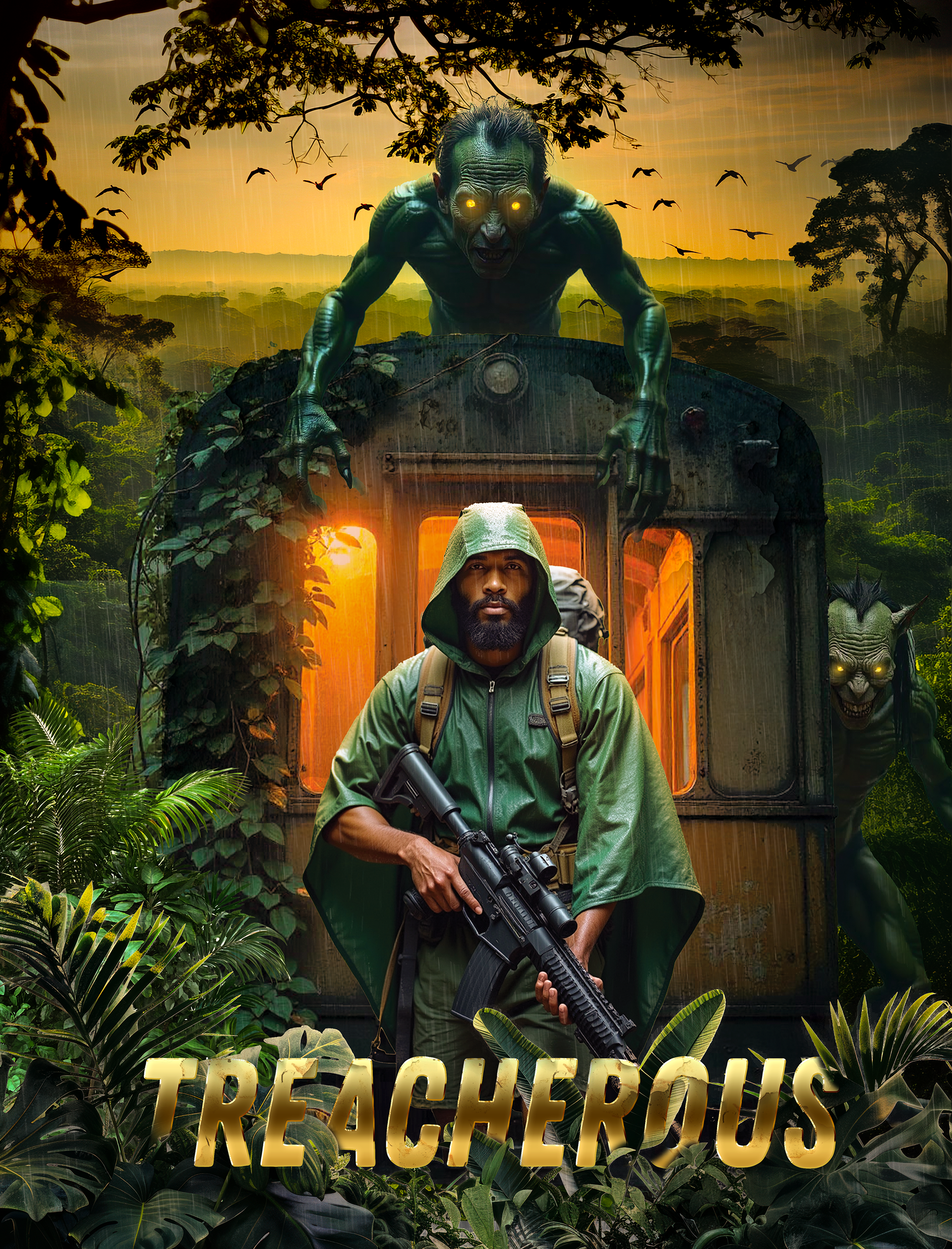 tion-horror movie poster featuring a lone warrior battling demonic creatures in a dark jungle, with intense lighting, cinematic composition, and eerie supernatural elements.