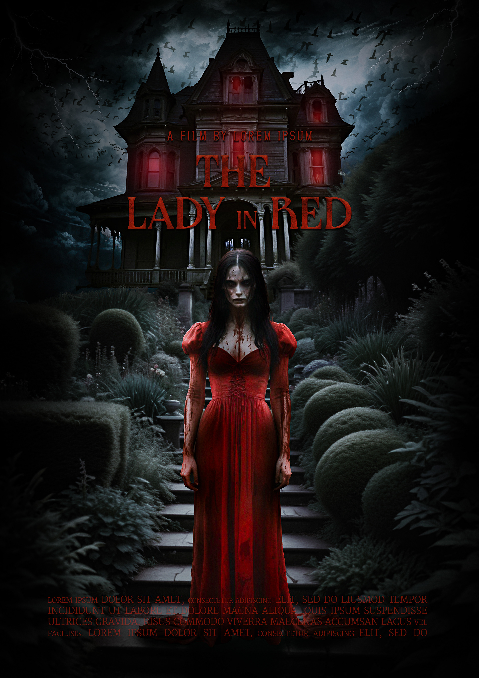 Horror movie poster featuring a ghostly, lifeless girl standing eerily on the worn-out steps of a decaying haunted house, her pale face hollow and expressionless, with dark, sunken eyes staring into the void. Faint streaks of blood splatter the aged wooden railing, while the dim, flickering porch light barely illuminates the swirling mist around her. The background fades into shadowy darkness, with ominous shapes lurking within, amplifying the chilling, blood-soaked atmosphere.