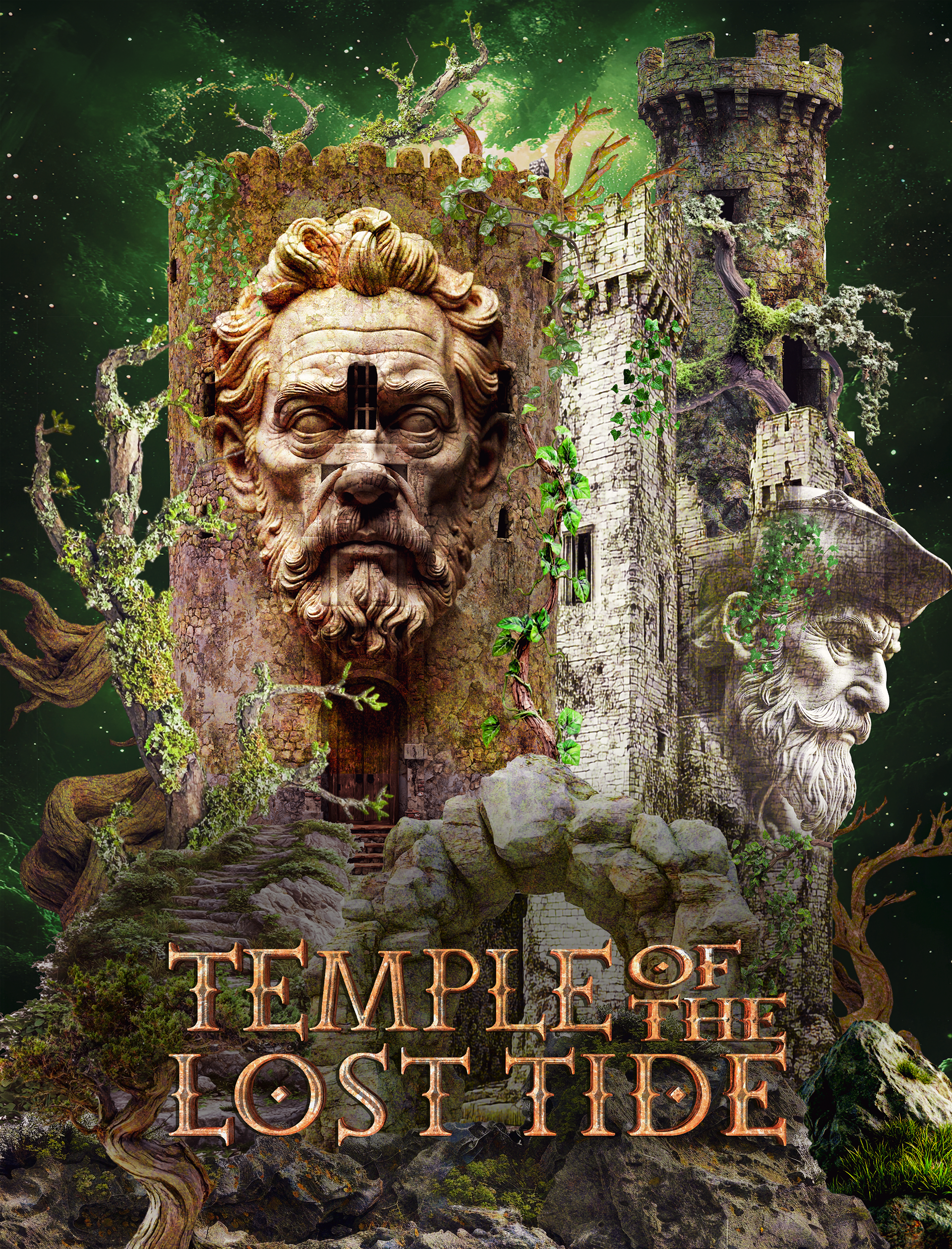 Key art for Temple of the Lost Kingdom, featuring explorers in ancient times standing before a breathtaking city carved into a towering mountainside, with intricate stone temples and massive statues of solemn faces etched into the cliffs, bathed in golden sunlight as vines and waterfalls weave through the ruins, evoking a sense of wonder and mystery.