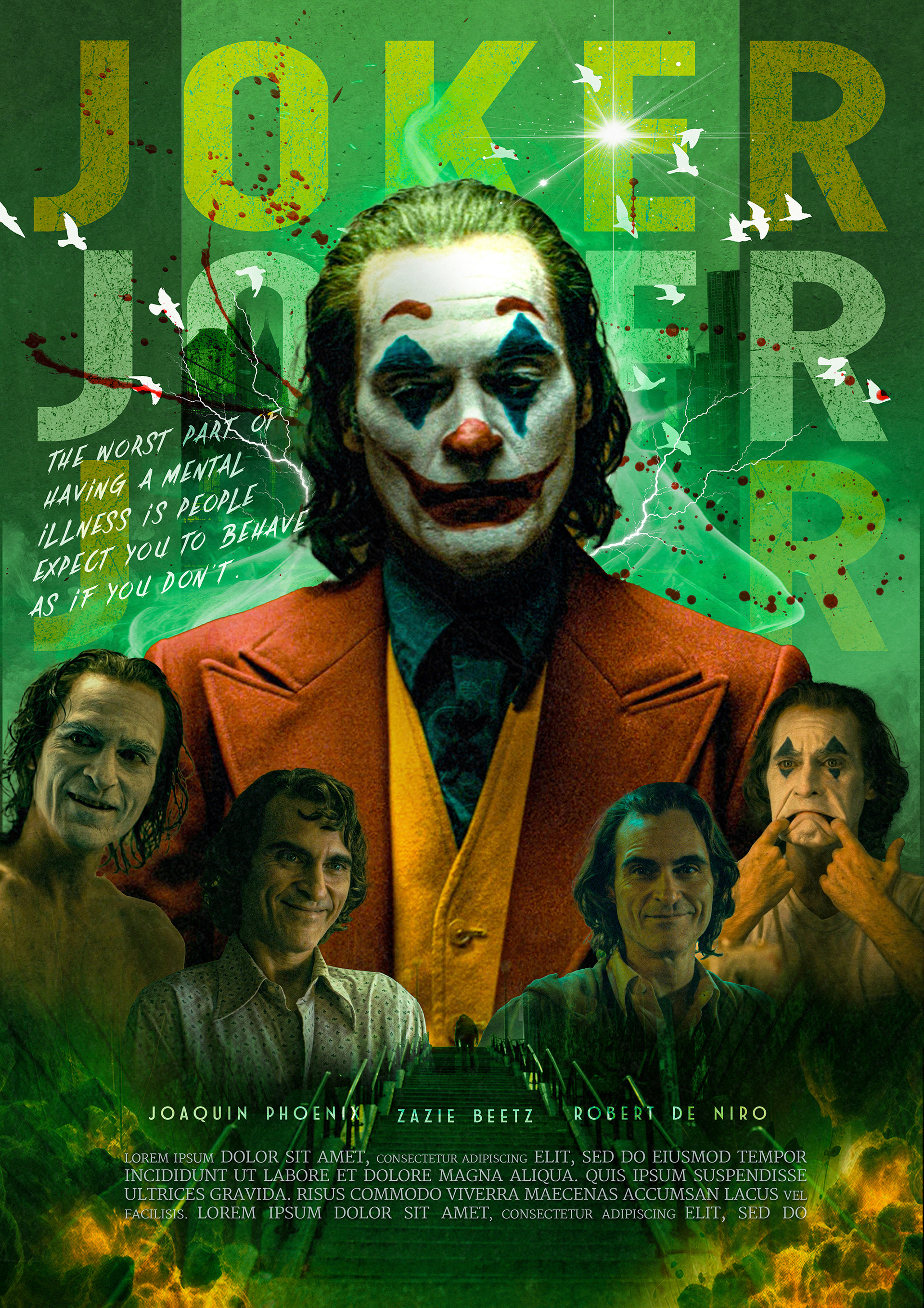 Movie poster featuring an alternative version of the Joker, bathed in an intense, neon green glow, with a sinister grin stretching across his face. His chaotic energy radiates through smudged face paint, wild unkempt hair, and deep, piercing eyes, while the background swirls with abstract, graffiti-like textures, symbolizing madness, anarchy, and uncontrolled power.