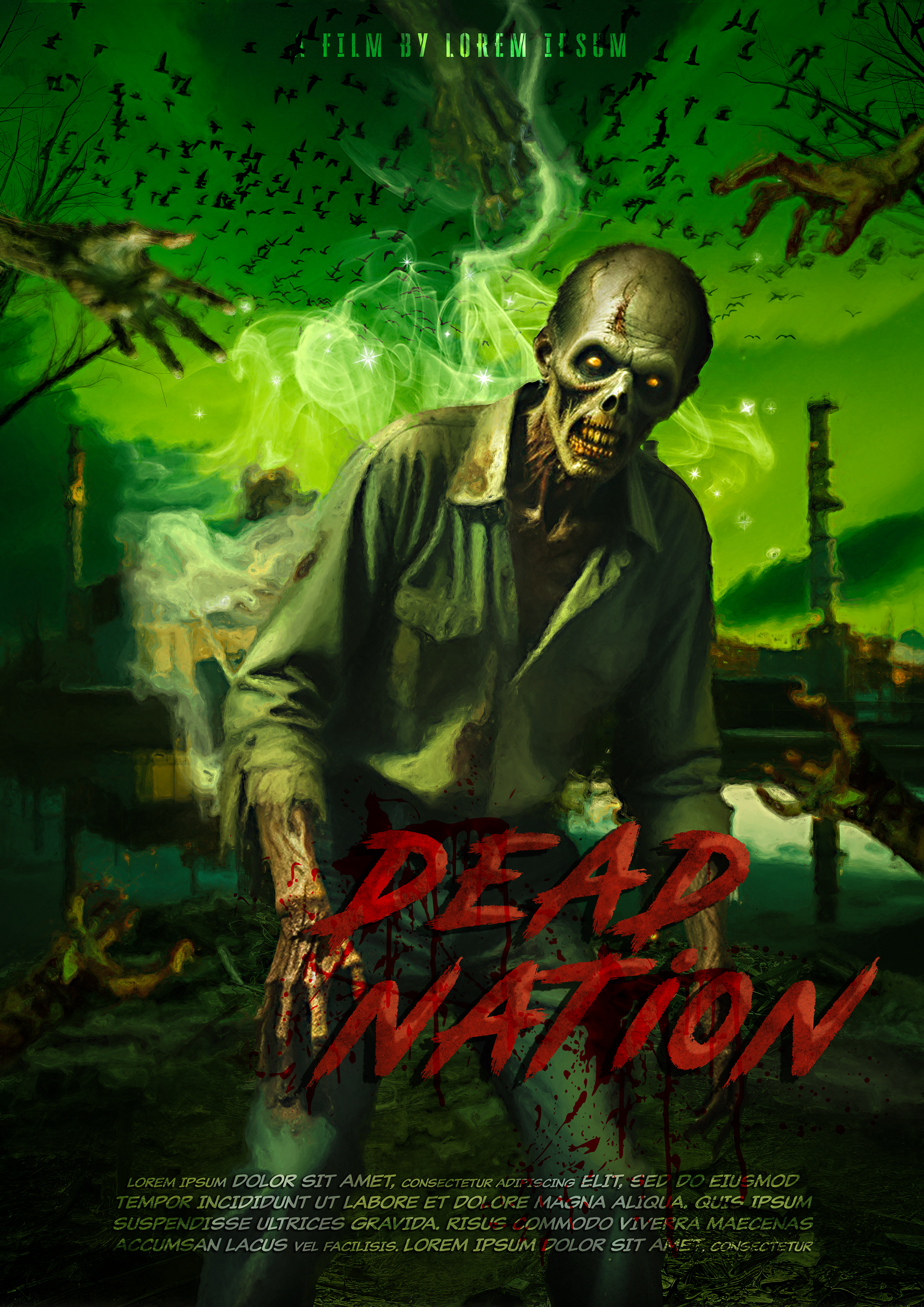 Horror movie poster for Dead Nation, featuring a decayed zombie with glowing yellow eyes emerging from a toxic, green-hued wasteland. Thick, eerie mist swirls around as skeletal hands reach out from the shadows, and a flock of black birds circles ominously in the stormy sky. The blood-red, distressed title drips with gore, reinforcing the apocalyptic nightmare of a world overrun by the undead.
