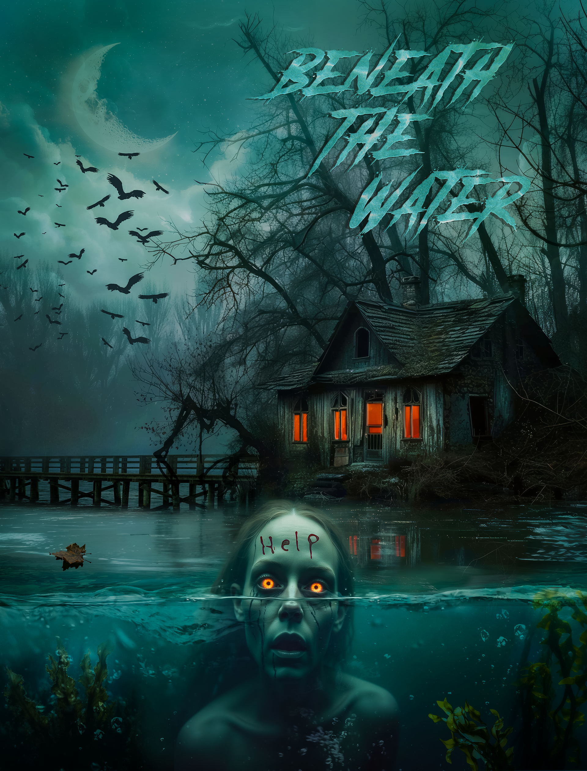 Horror movie poster depicting a ghostly dead girl floating in a dark lake, with a haunted house looming in the misty background, eerie lighting, and a chilling supernatural atmosphere