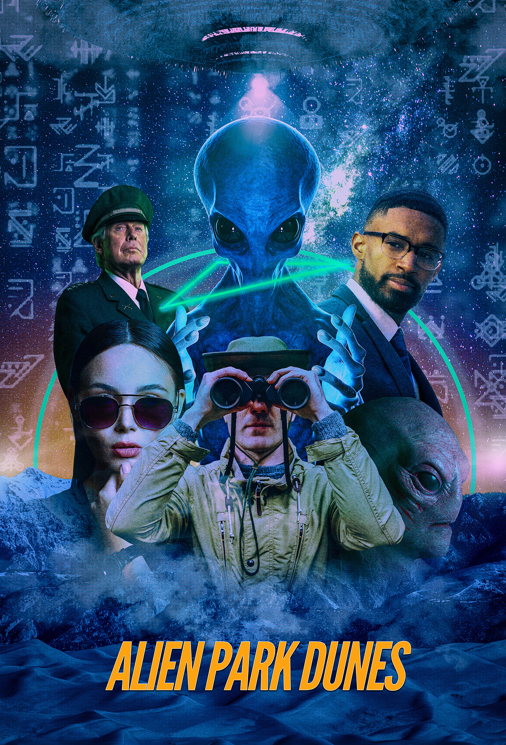 Sci-fi adventure movie poster for Alien Park Dunes, featuring a diverse group of characters set against a cosmic backdrop. A military officer, an alien with a glowing green aura, a businessman, a woman with sunglasses, and a man with binoculars are all framed in front of a hovering UFO and glowing symbols. The characters seem to be investigating or engaging with extraterrestrial life amidst a vast, mysterious desert. The vibrant colors and bold typography enhance the film's mysterious, thrilling, and otherworldly vibe.