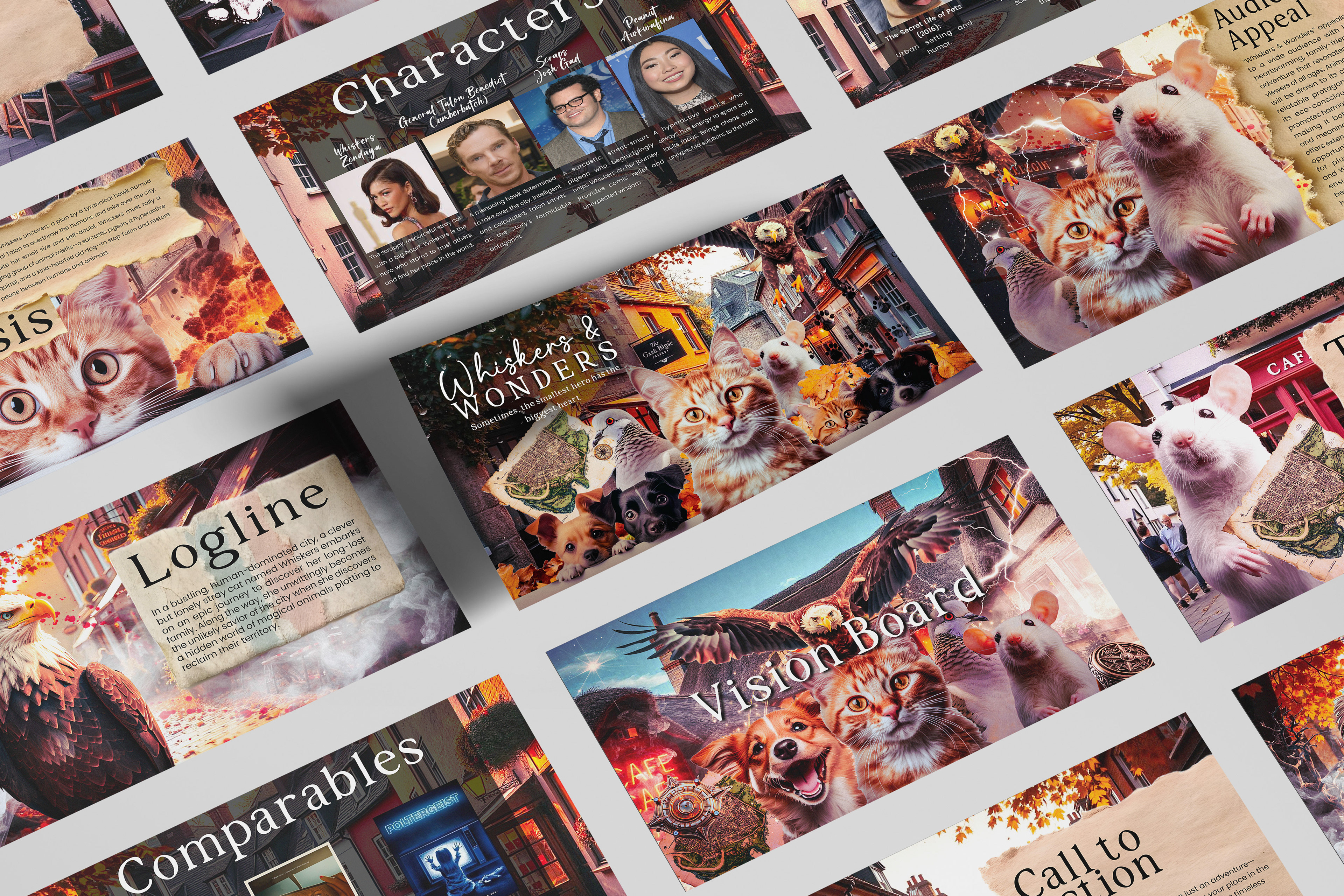 Cinematic movie pitch deck design with visual storytelling and typography