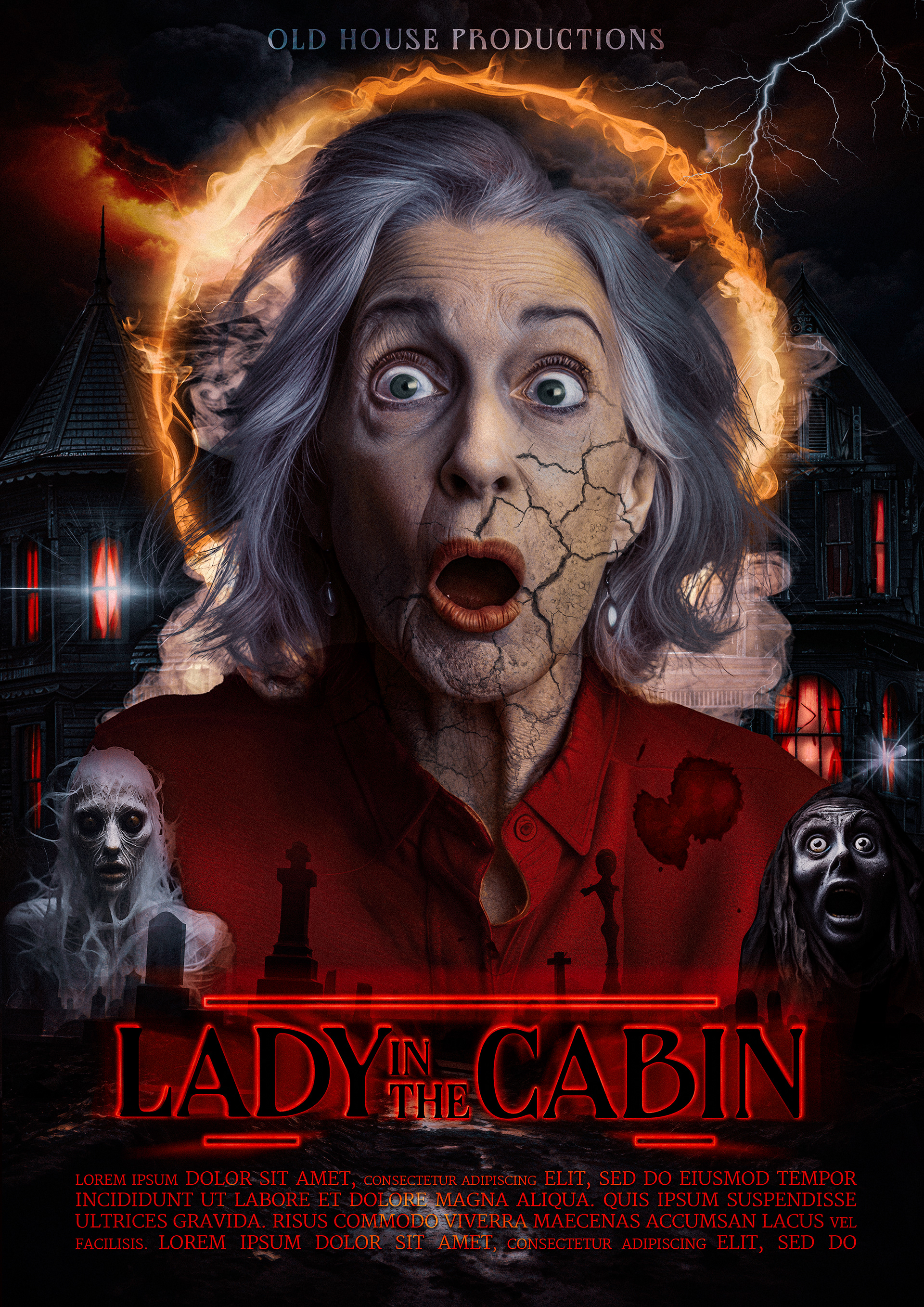 Horror movie poster featuring a disturbing old woman standing motionless in front of a decaying, isolated cabin, her sunken eyes and twisted grin radiating an eerie, unnatural presence. The dim moonlight casts jagged shadows across her gaunt face, while the haunted house behind her looms with broken windows and a sinister glow, hinting at the dark force that has taken hold of her.
