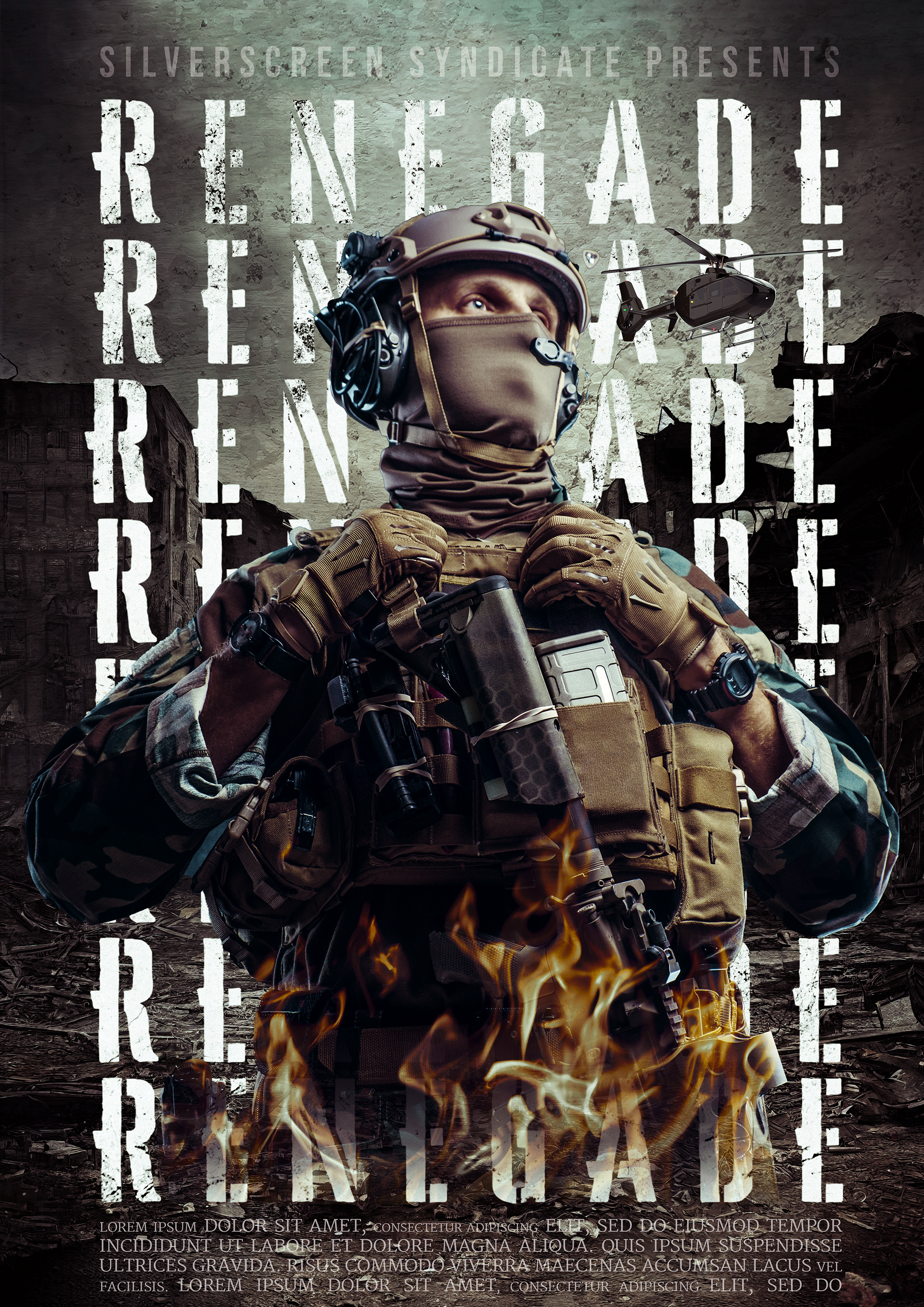 Action movie poster for Renegade, featuring a heavily armed soldier in tactical gear, gripping his vest with a determined gaze, partially obscured by a face covering. The background showcases a war-torn cityscape with crumbling buildings and a military helicopter hovering above. The bold, distressed typography of "RENEGADE" is layered across the image, reinforcing the film’s intense, high-stakes theme. Flames rise at the bottom of the poster, symbolizing destruction, rebellion, and chaos in the battlefield.