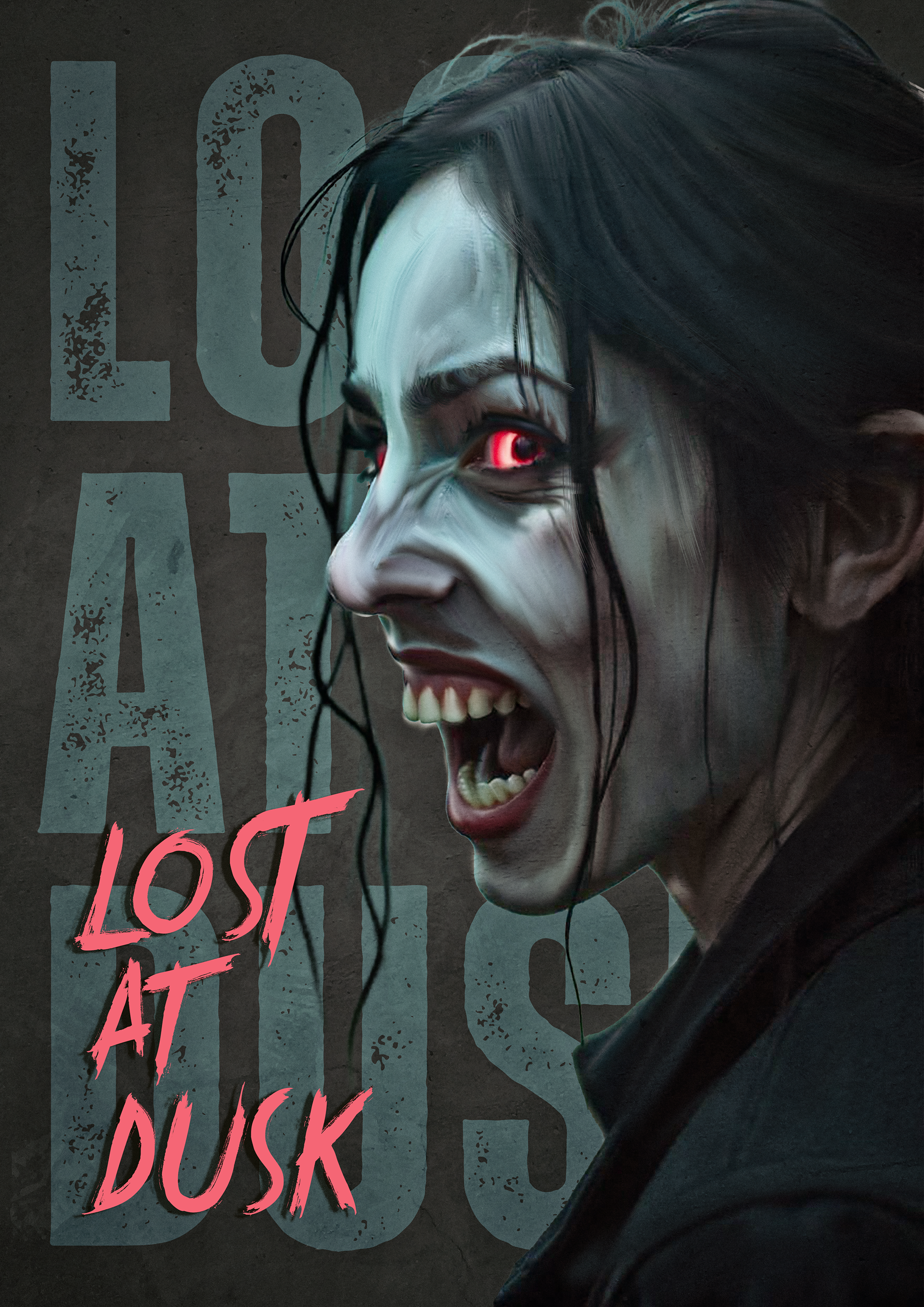 "Gothic horror movie poster featuring a bloodthirsty vampire with glowing red eyes, sharp fangs, and a dark, eerie atmosphere, set against a full moon and shadowy gothic architecture.