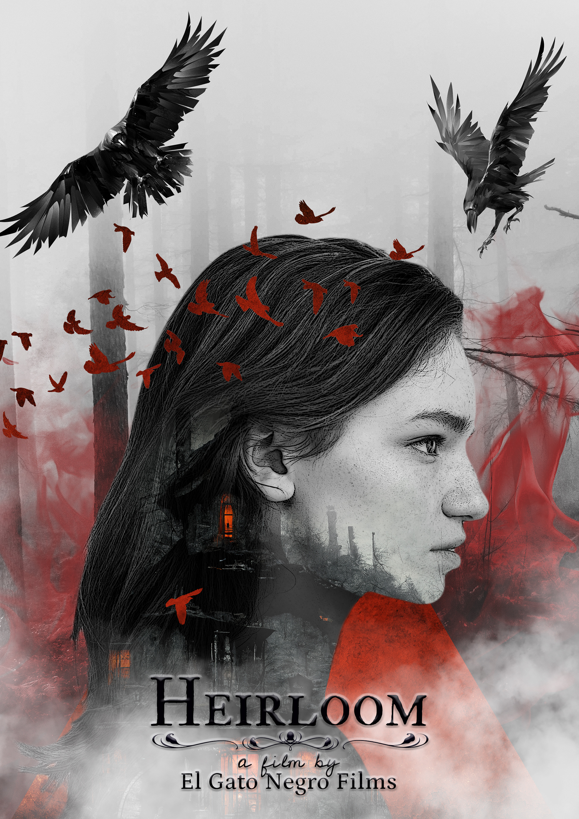 Psychological horror movie poster for Heirloom, featuring a young woman’s profile in grayscale, her expression solemn and haunting. Her dark hair blends into a decayed, gothic mansion with glowing windows, hinting at a supernatural connection. Blood-red birds emerge from her head, merging with a misty forest in the background, where black ravens circle ominously. A ghostly red figure fades into the fog, adding an eerie, unsettling presence. The intricate typography and vintage flourishes reinforce the film’s dark, mysterious atmosphere.