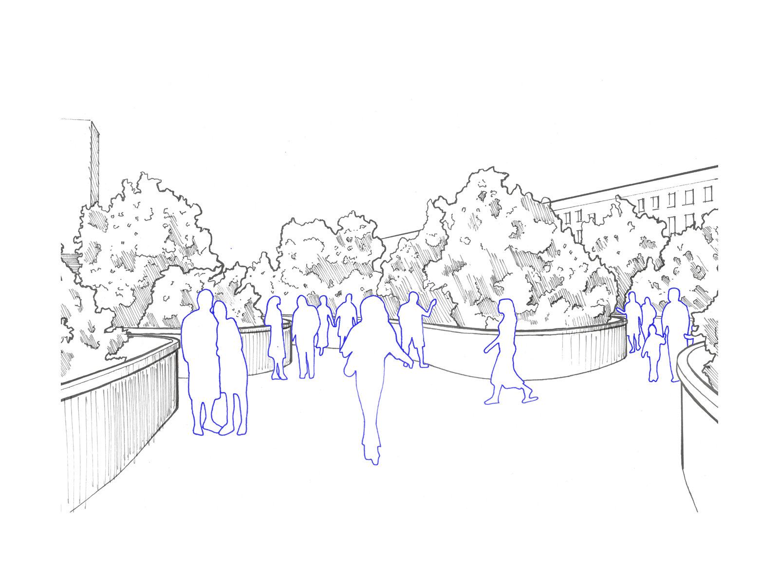 Perspective à la main, dessin, contours, hachures en noir et blanc représentant une promenade plantée. Une passerelle surélevée au centre du cour des cinquantes otages à Nantes. Des usagers déhambulent sur celle-ci, au milieu d'une végétation luxuriante