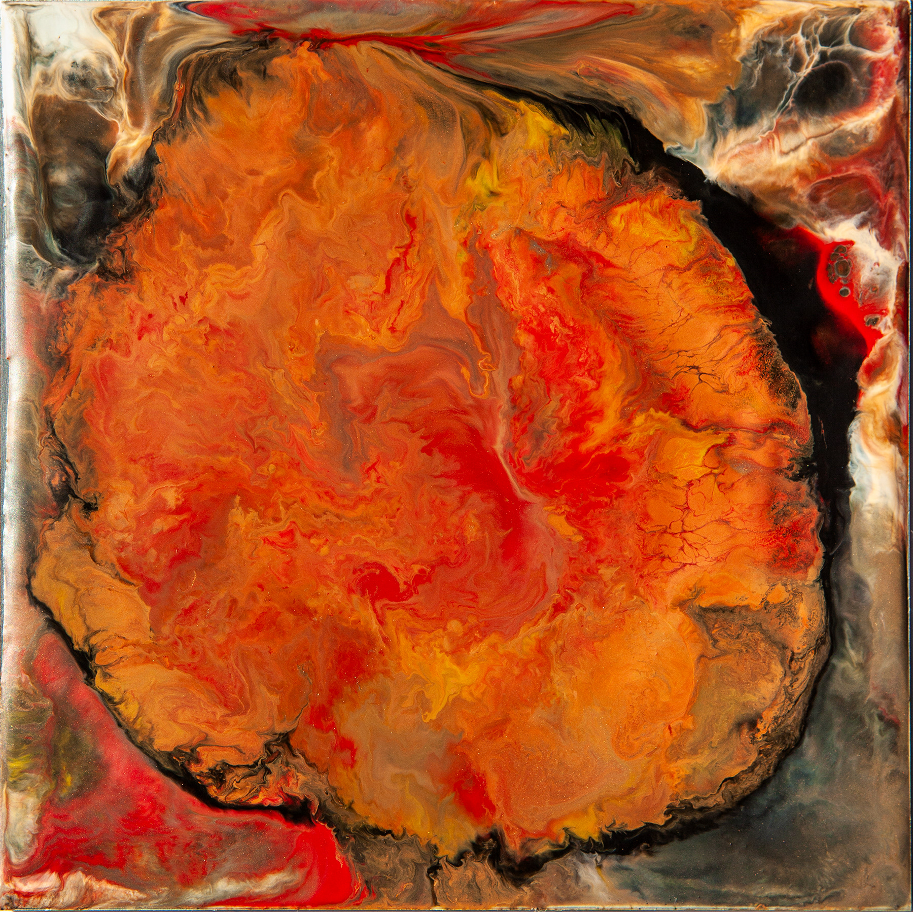 Venus of All the Planets (Black Hole), Heat, fire, beeswax, Dammar and pigments on aluminium, 15 × 15 cm, 2025