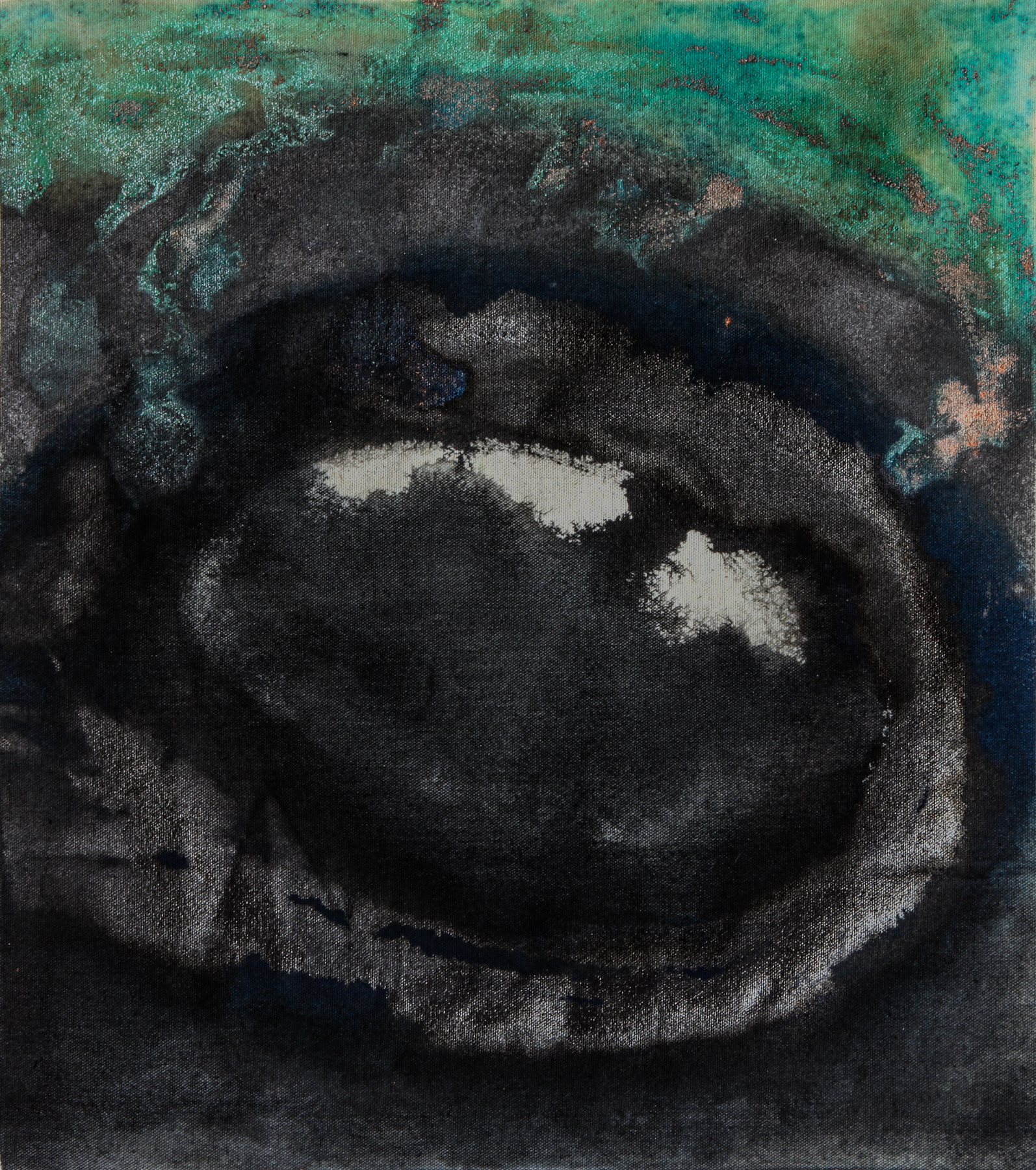 Transmutation of Waters, Dead Sea water on canvas, in interaction with various pigments, 48 × 42.5 cm, 2025