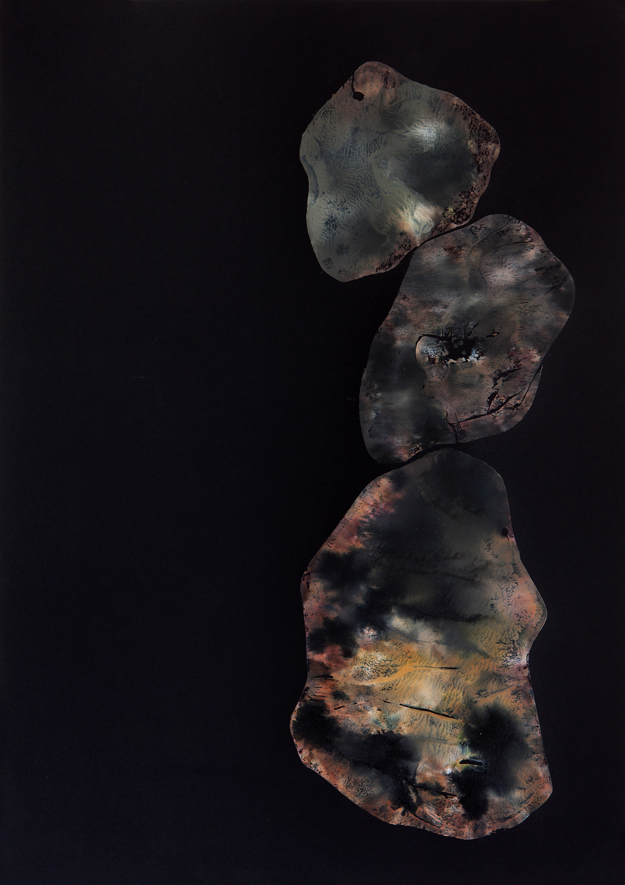 Rock Balancing (Earth), 2021, Monotype on black paper, 59.4 × 42 cm