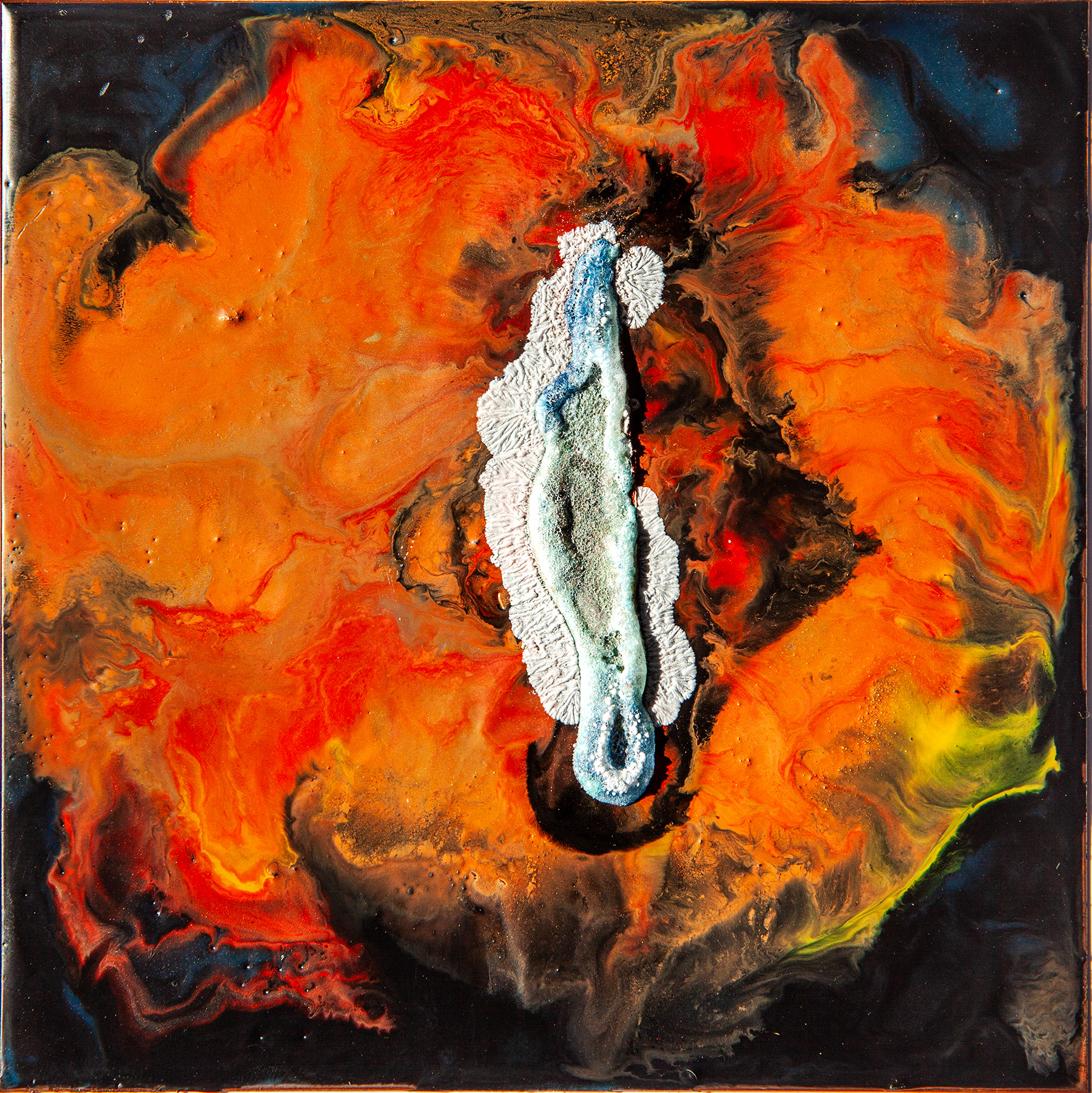 Venus of All the Planets (Salt), Heat, fire, beeswax, Dammar, Dead Sea salt, water and pigments on copper, 15 × 15 cm, 2025