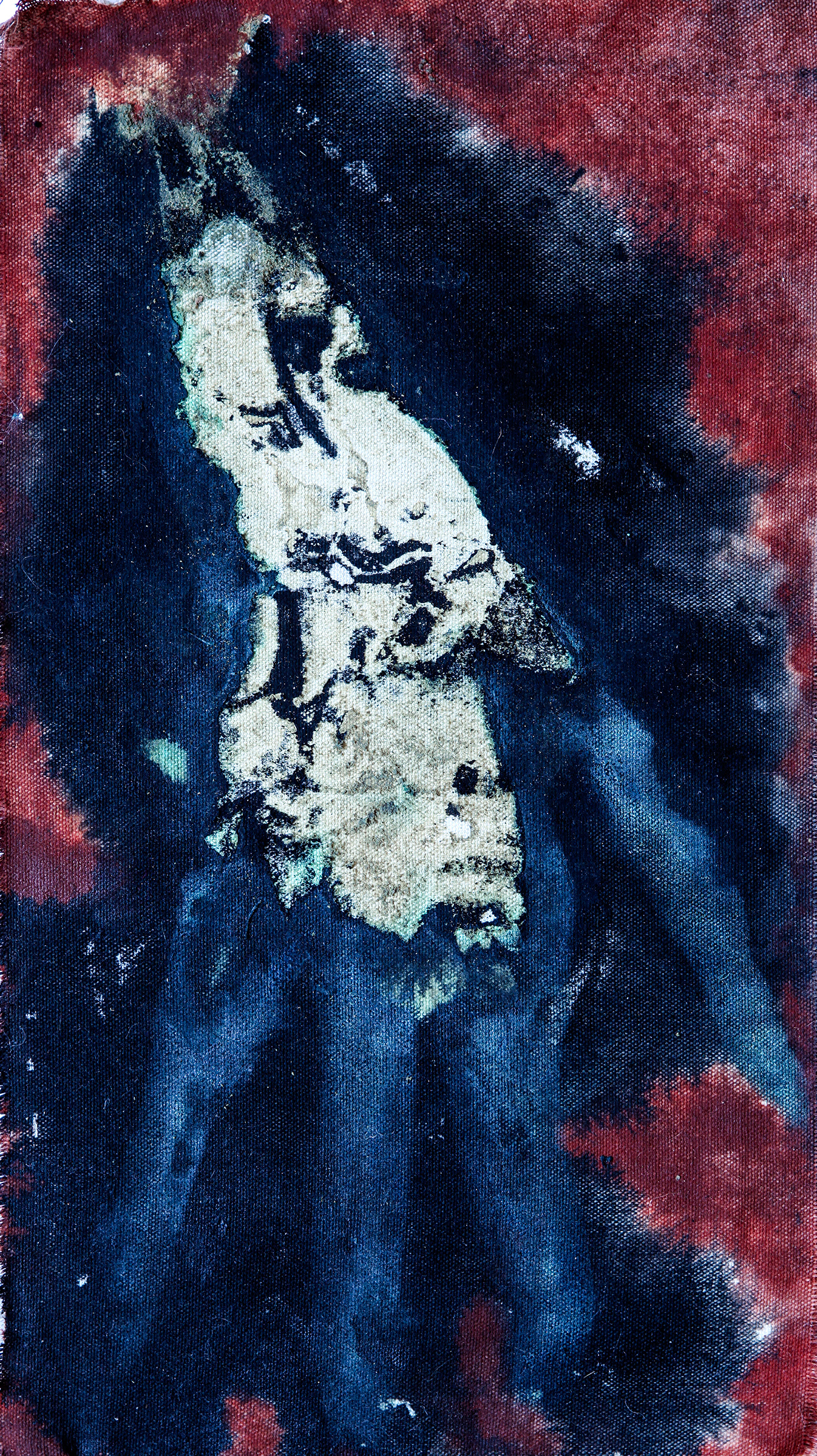 La Main - Transmutation of Waters, Dead Sea water on canvas in interaction with various pigments, 42 × 24 cm, 2025