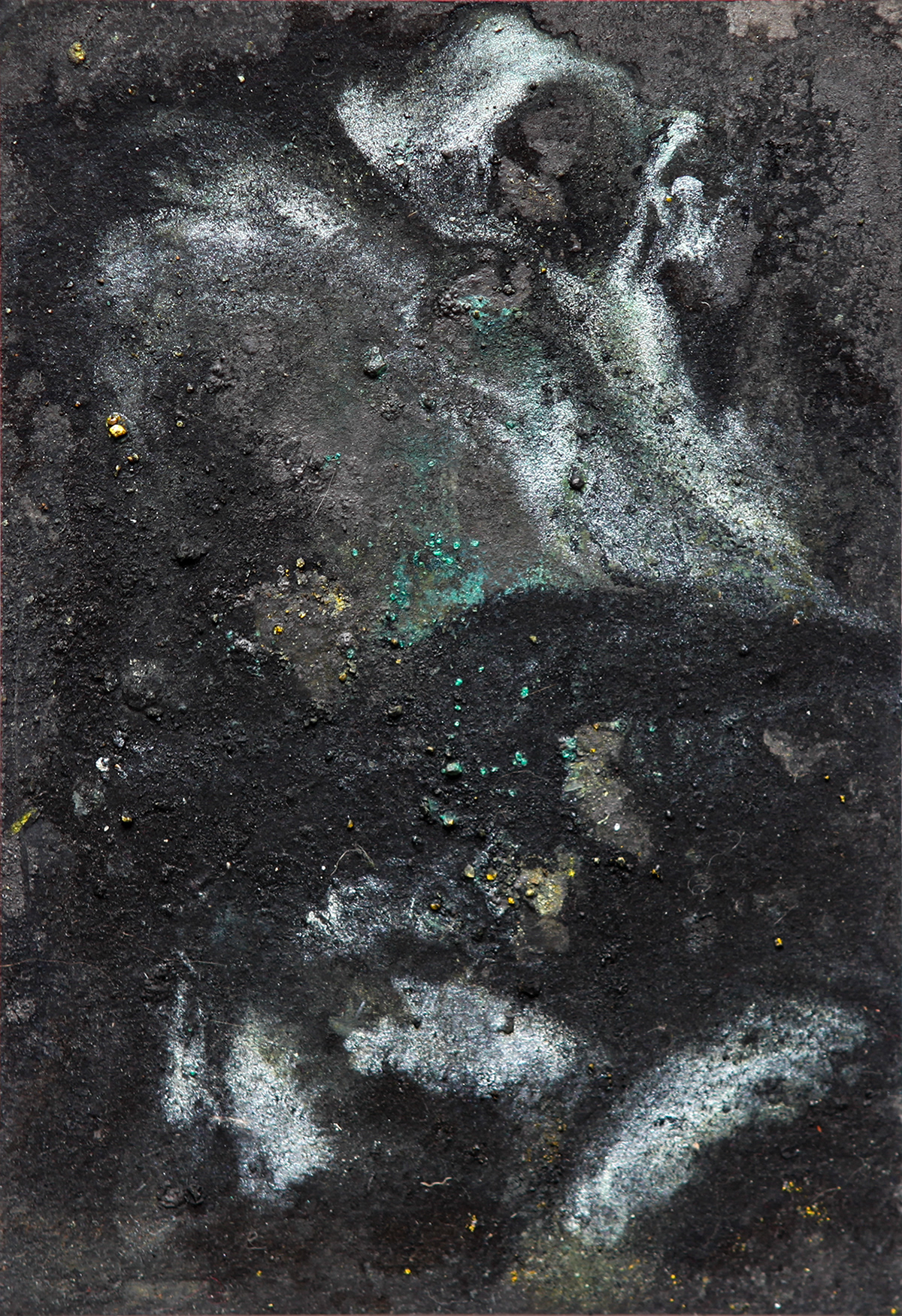 Femme en salaison, Dead Sea water on paper, in interaction with various pigments, 21 × 15 cm, 2025
