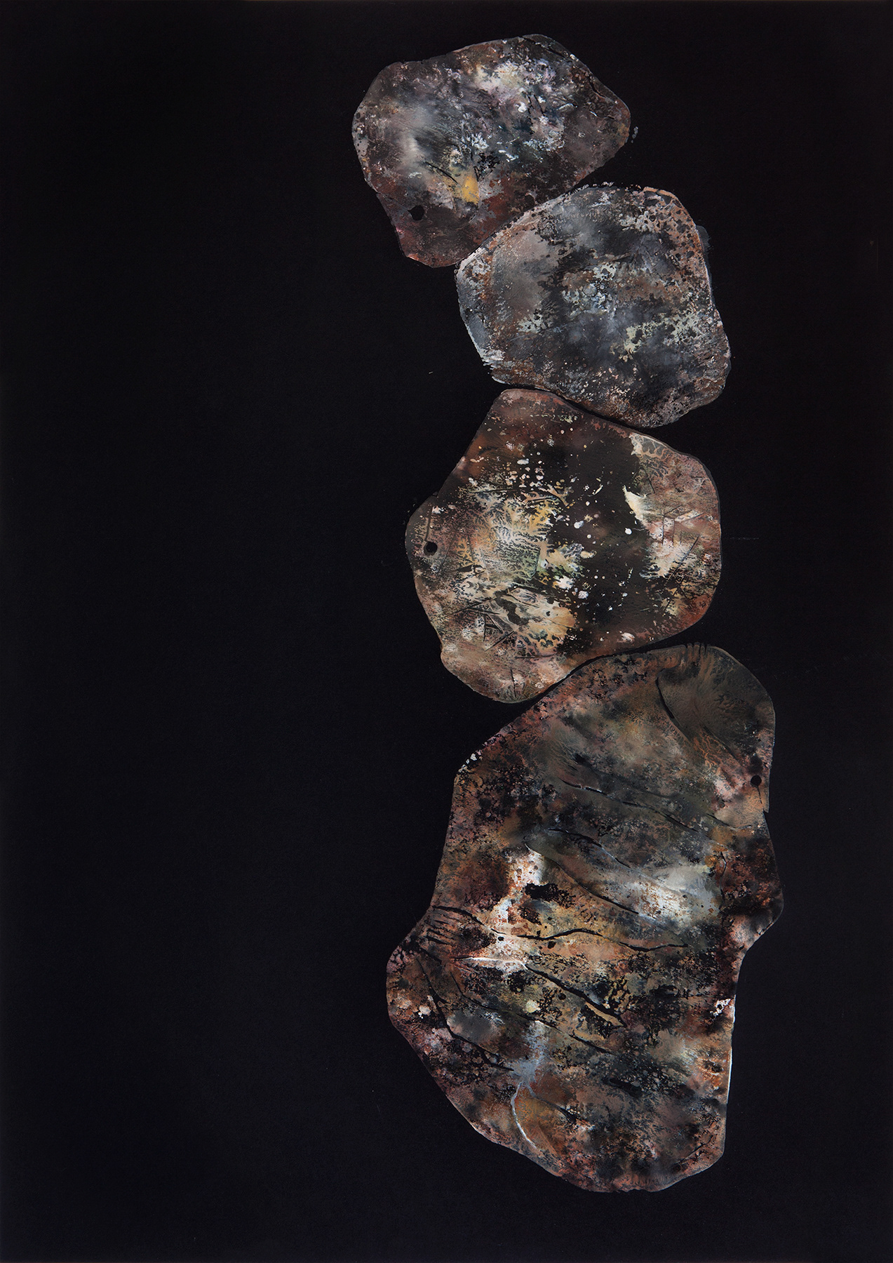 Rock Balancing, 2021, Monotype on black paper, 59.4 × 42 cm